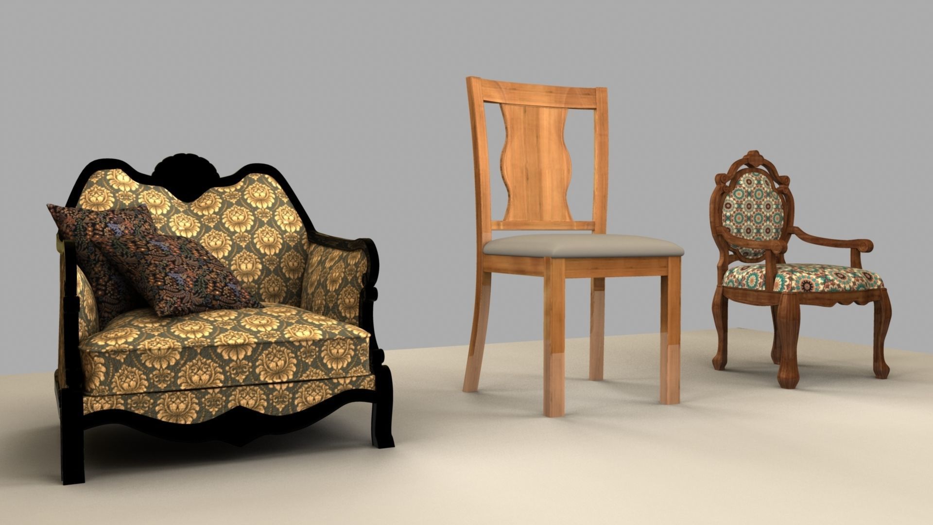 Chair with gold damask pattern 3D model_2