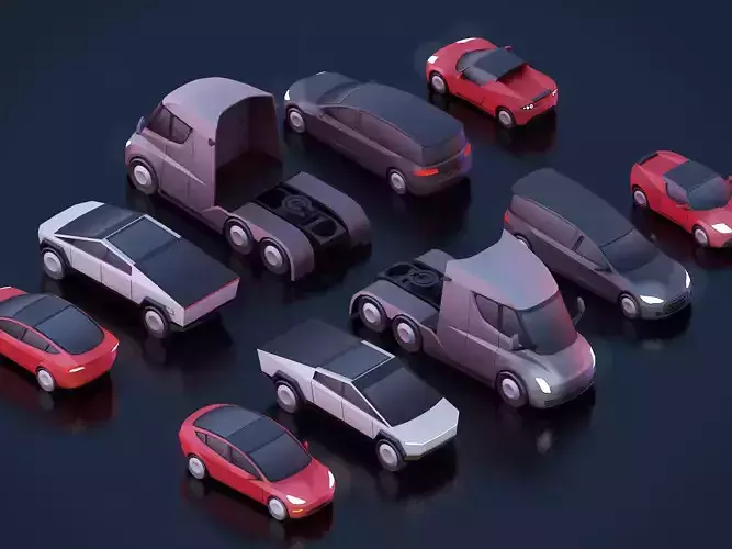 Cartoon Low Poly Tesla Electric Cars Pack Low-poly 3D model