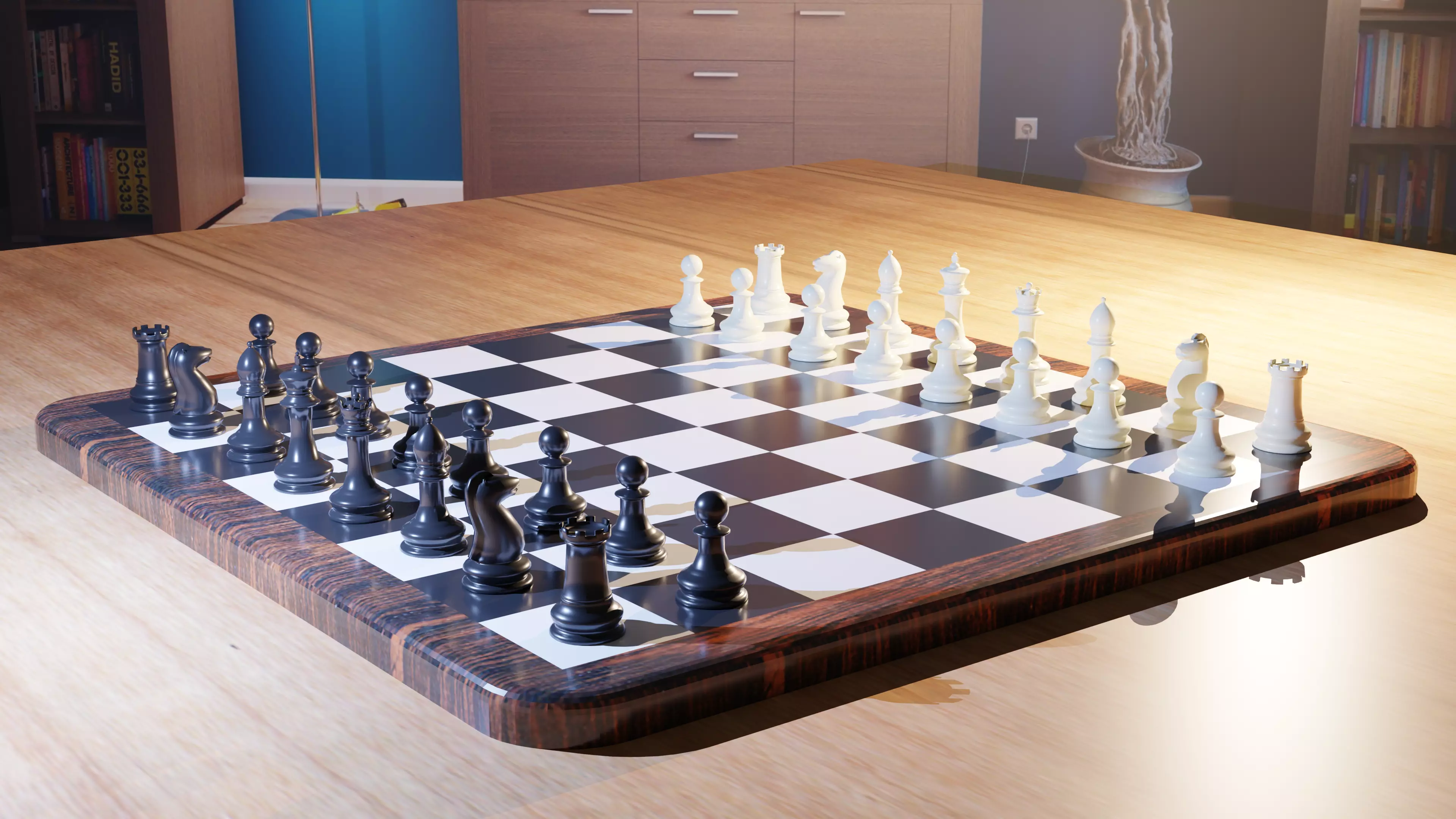 Chess Set board on wooden table Free 3D model