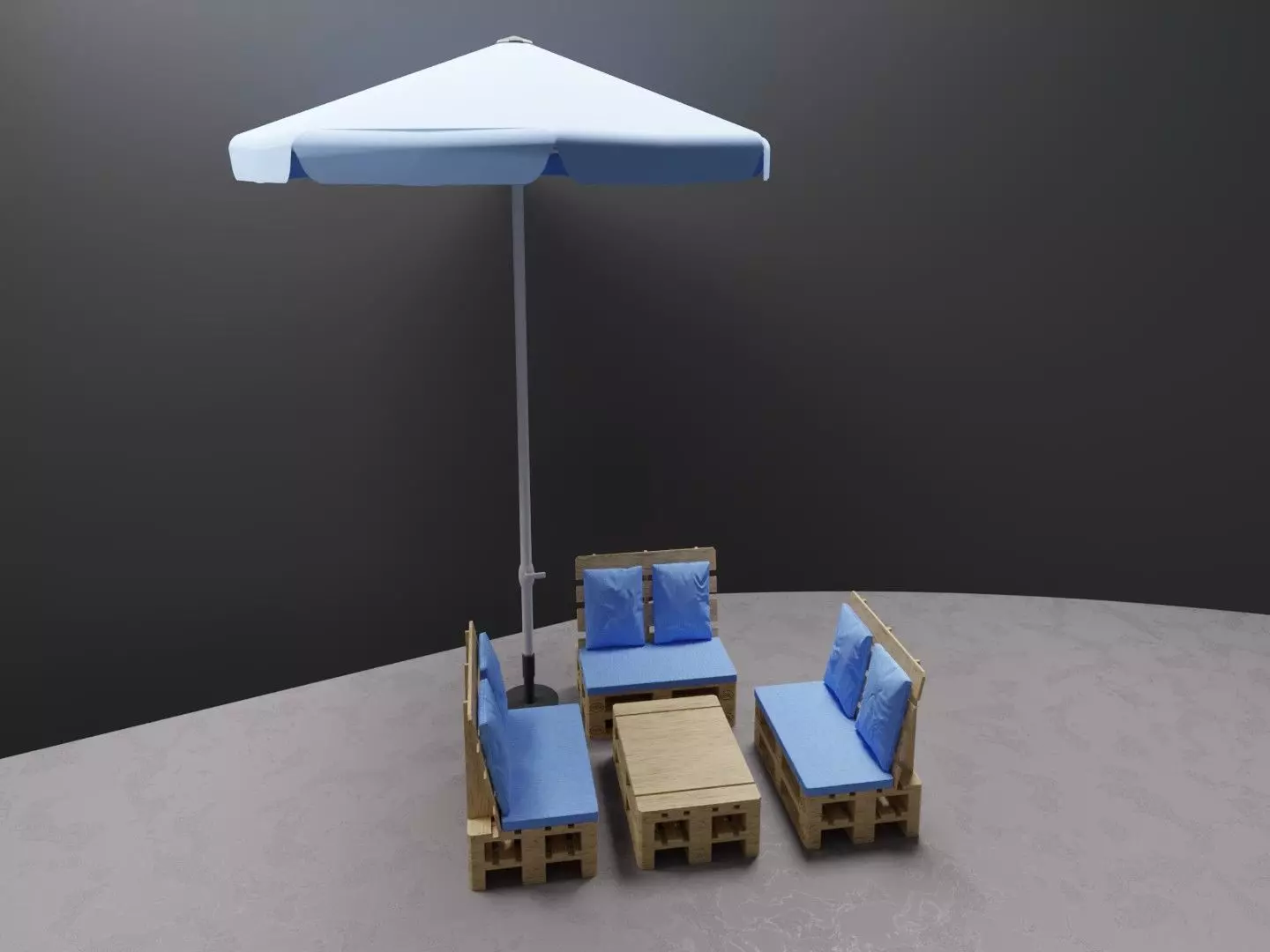 Garden set 4 wooden patio with umbrella 3D model_0