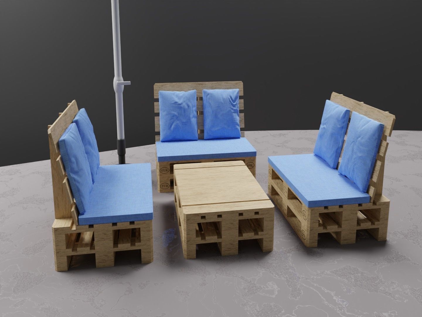 Garden set 4 wooden patio with umbrella 3D model_2