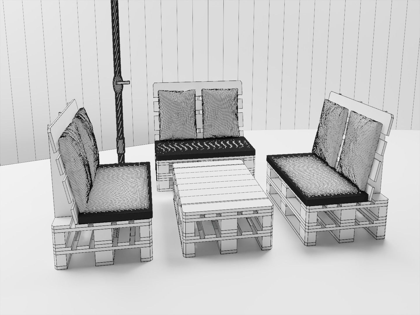 Garden set 4 wooden patio with umbrella 3D model_3