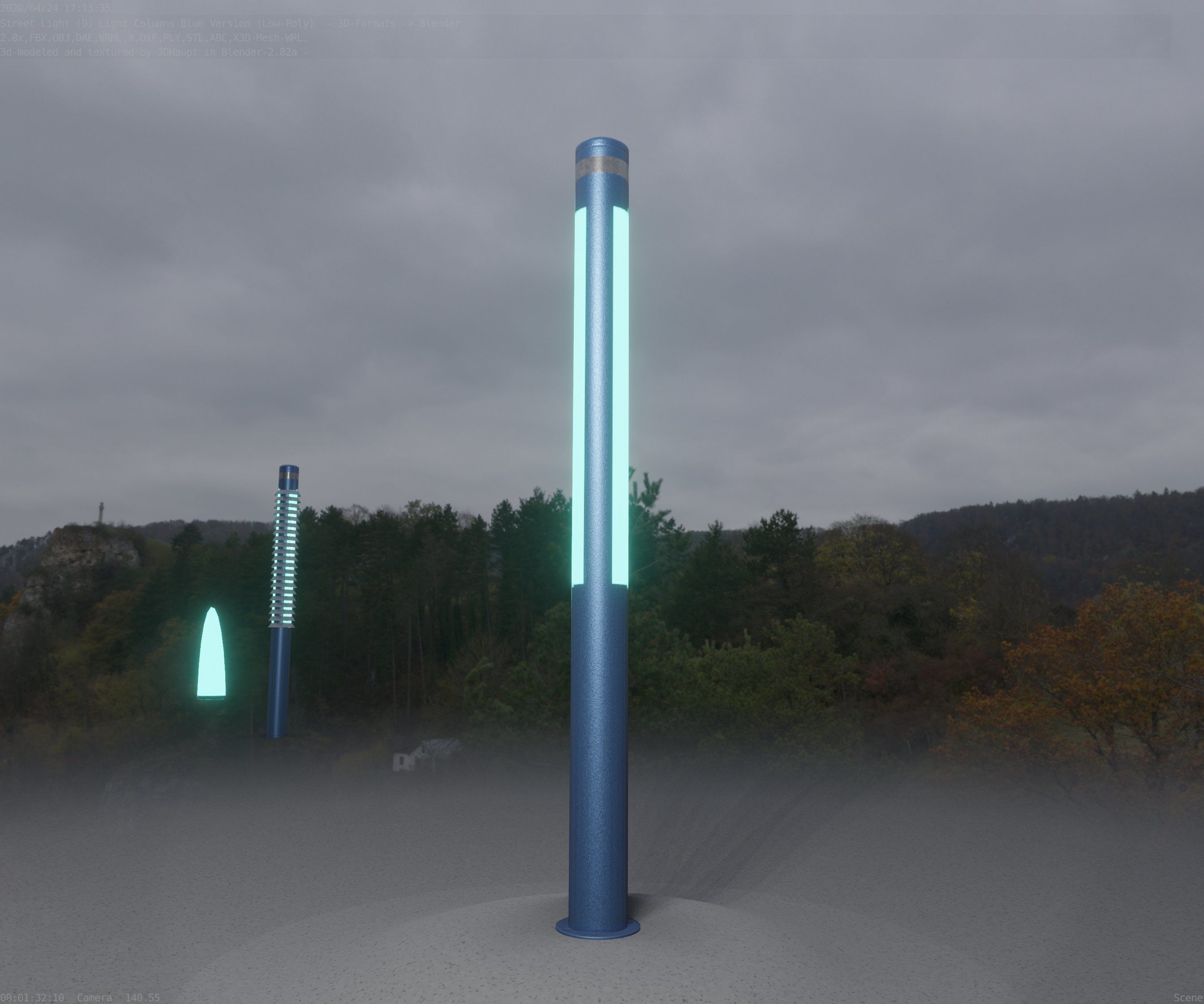 Low-Poly Blue Light Column 23 - Street Light Set-9 Low-poly 3D model_24