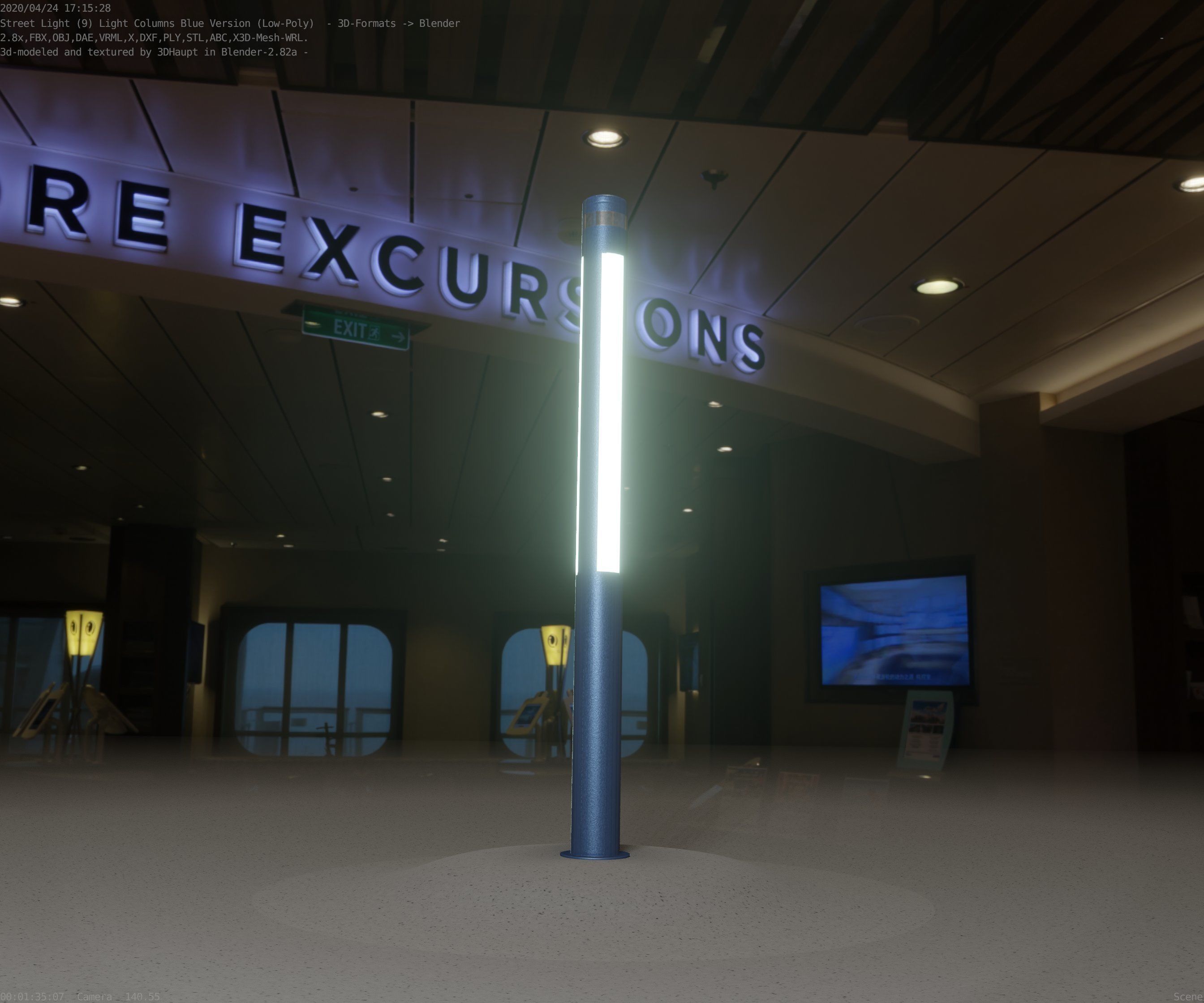 Low-Poly Blue Light Column 23 - Street Light Set-9 Low-poly 3D model_87