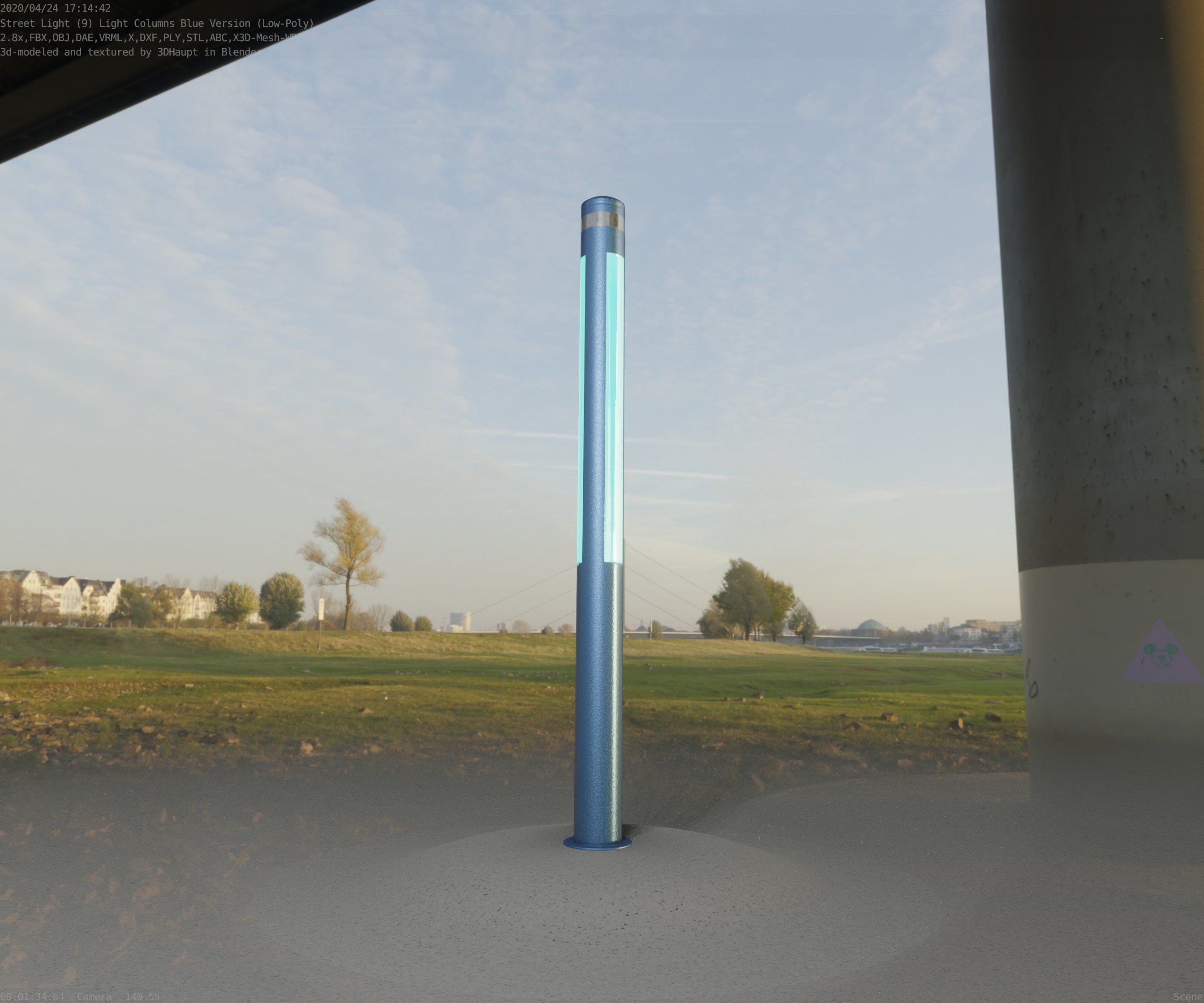 Low-Poly Blue Light Column 23 - Street Light Set-9 Low-poly 3D model_60