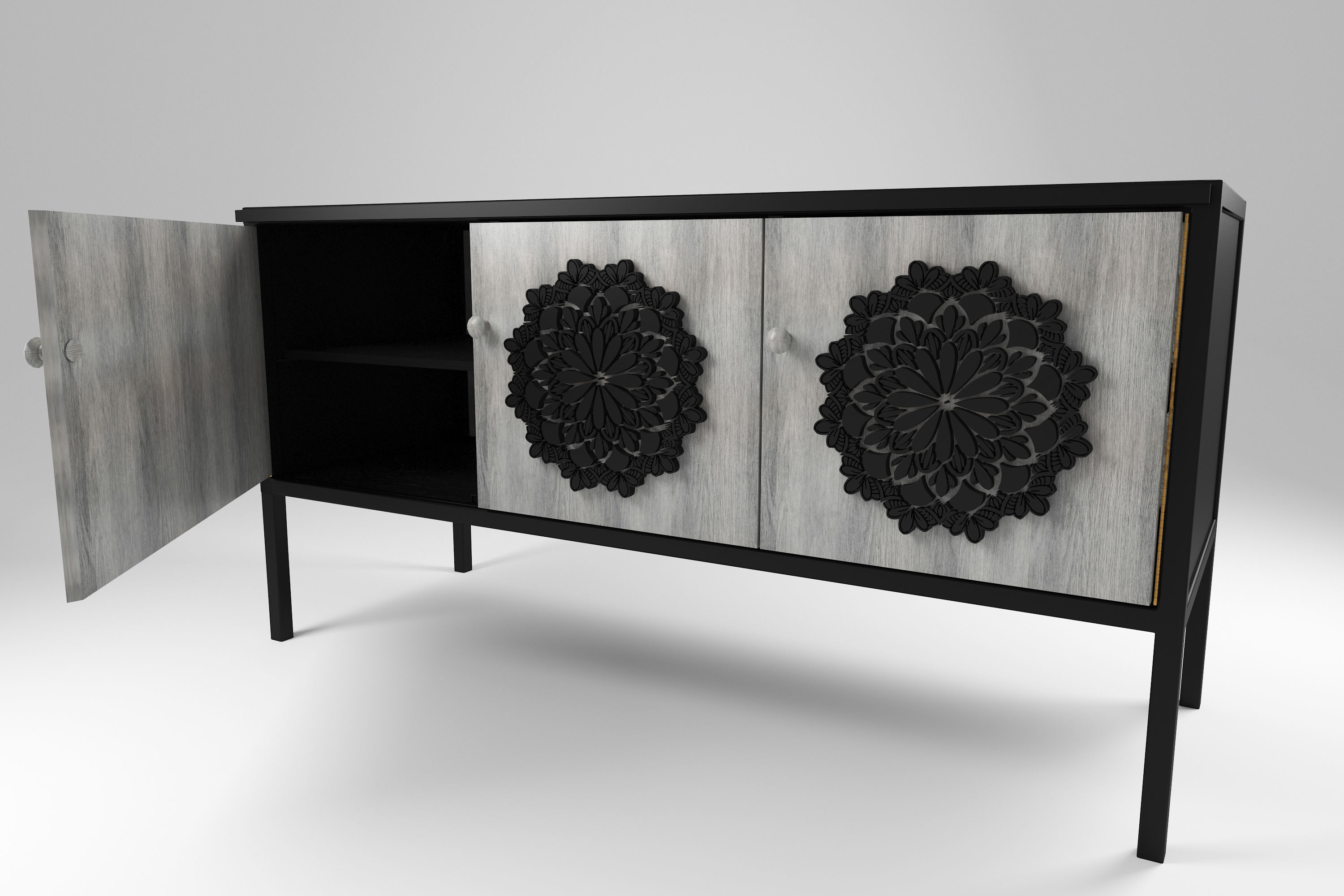 Sideboard black metal and 3 wood decorated doors Free 3D model_3