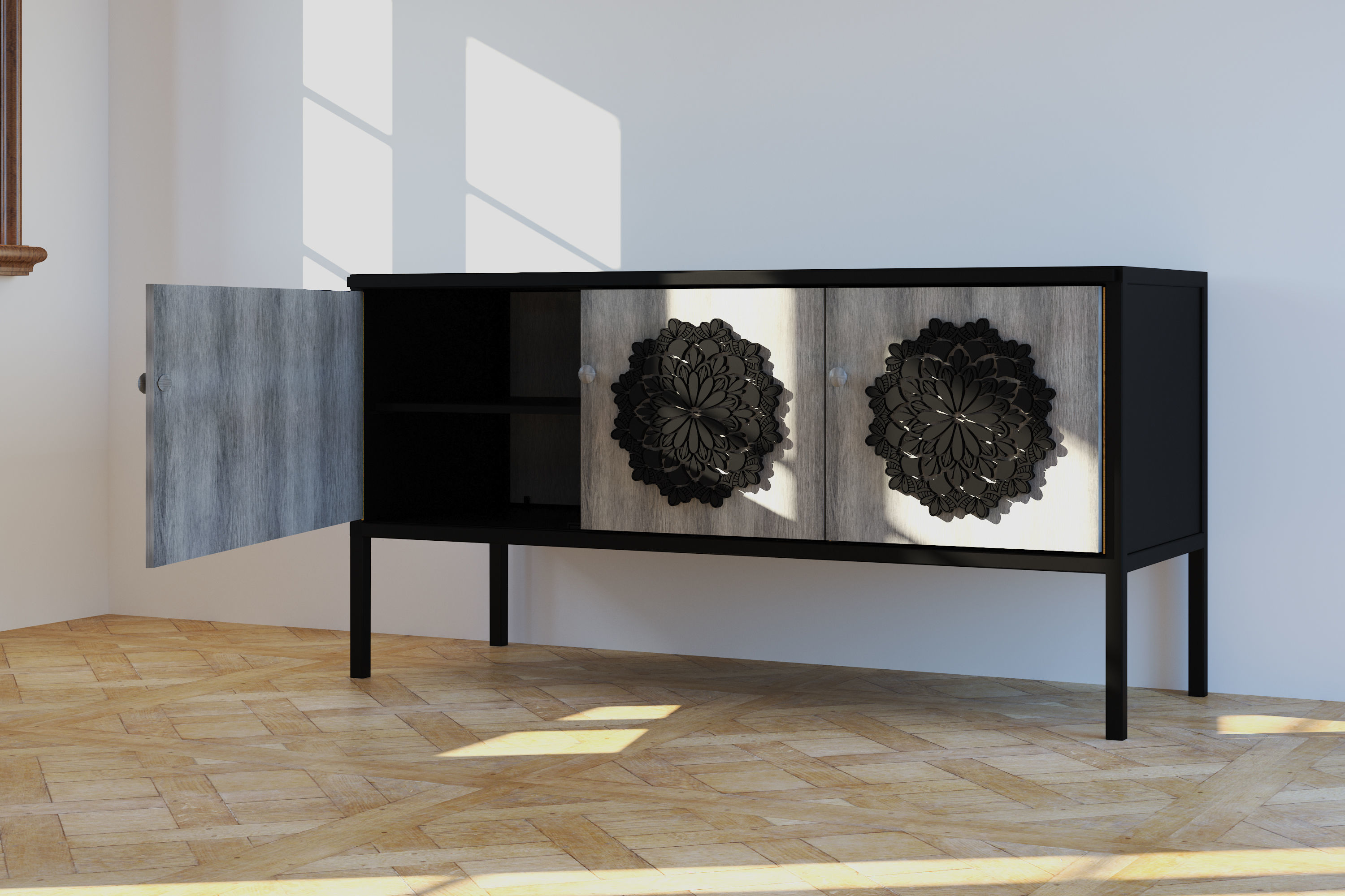 Sideboard black metal and 3 wood decorated doors Free 3D model_7