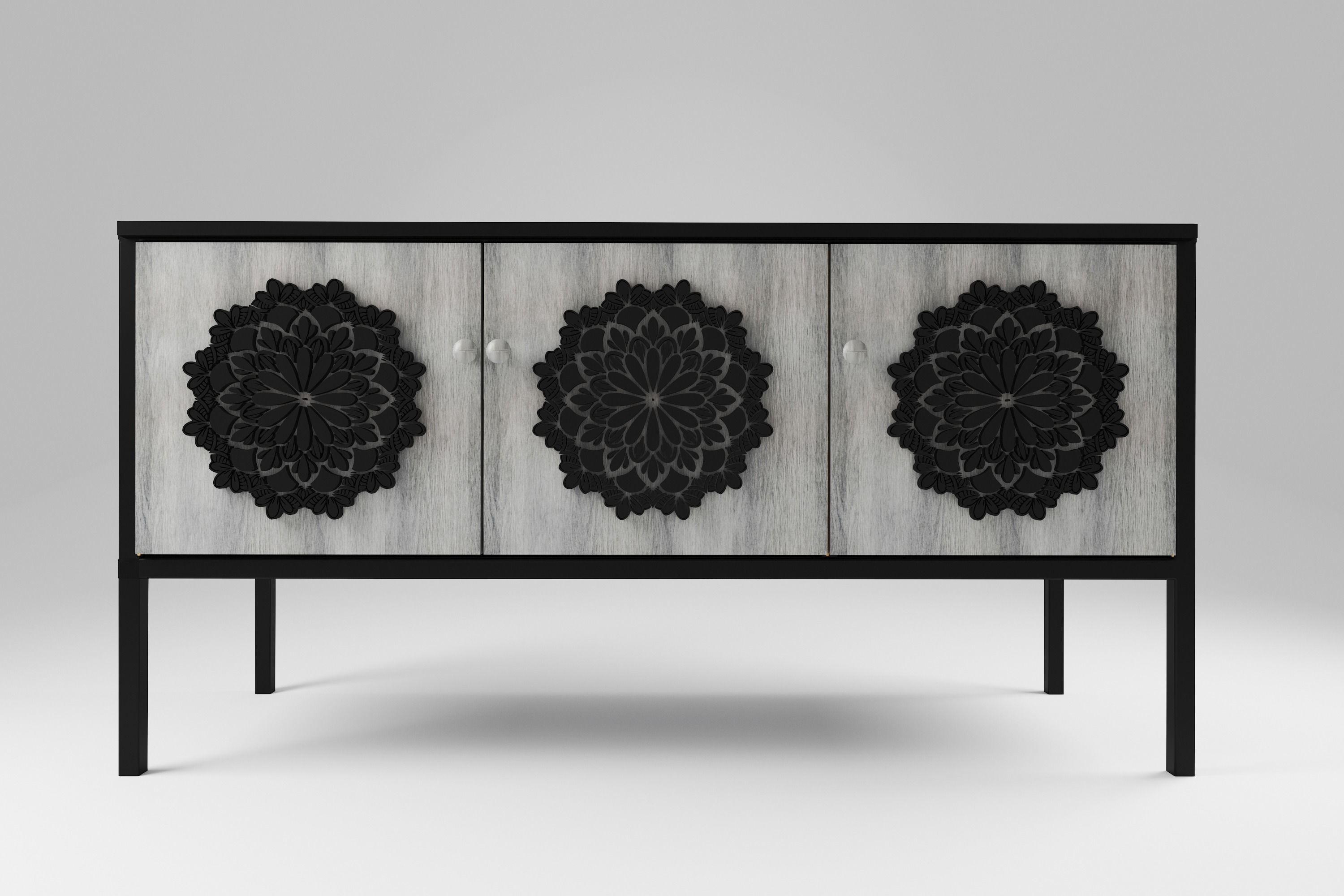 Sideboard black metal and 3 wood decorated doors Free 3D model_8