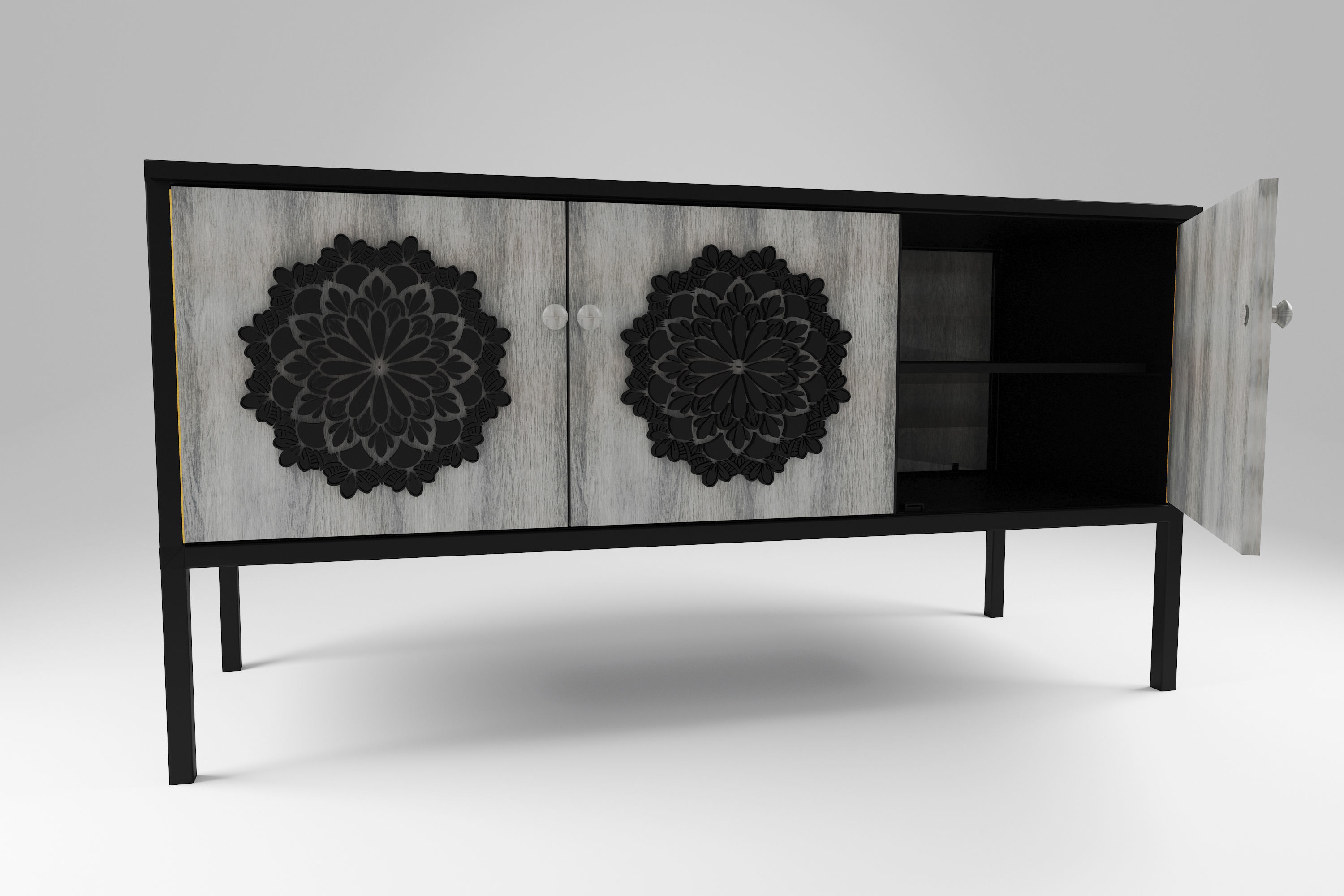 Sideboard black metal and 3 wood decorated doors Free 3D model_4