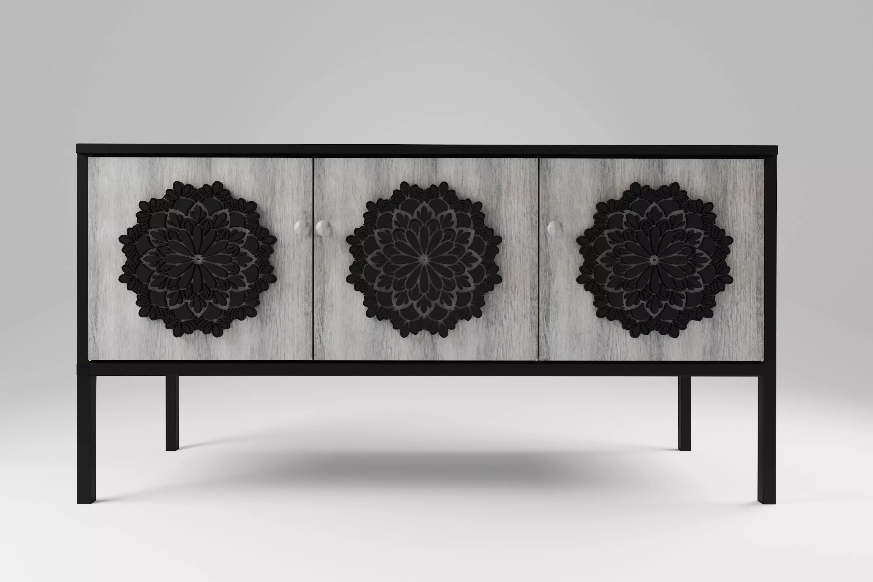 Sideboard black metal and 3 wood decorated doors Free 3D model_0