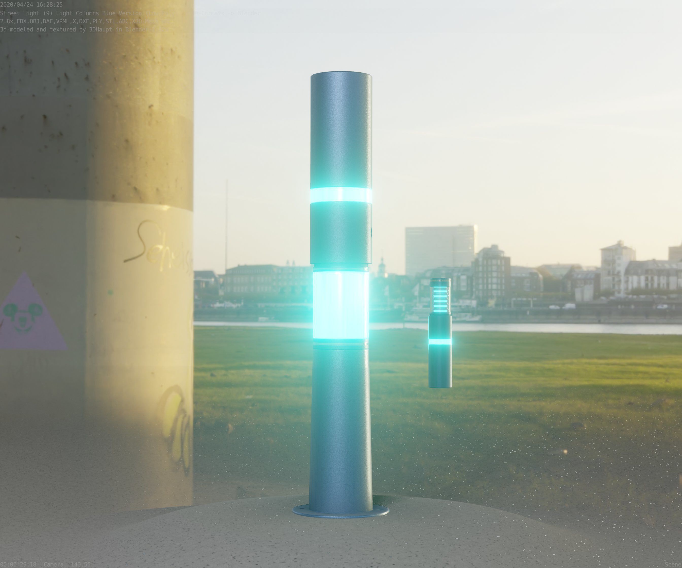 Low-Poly Blue Light Column 8 - Street Light Set-9 Low-poly 3D model_34