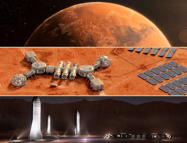 Martian base colony in the crater and entire planet Mars 3D model