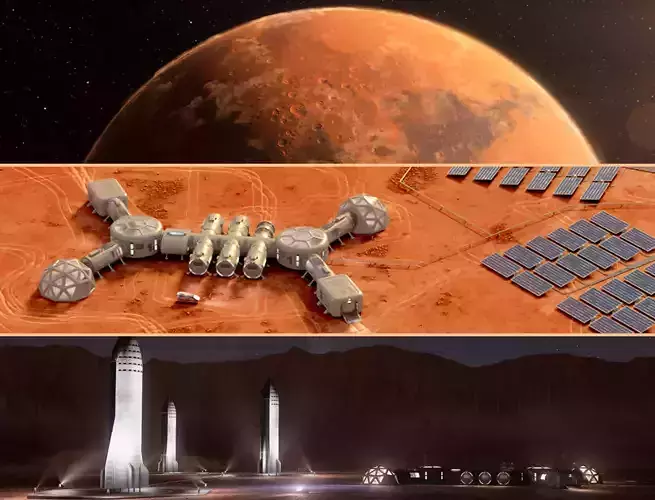 Martian base colony in the crater and entire planet Mars 3D model