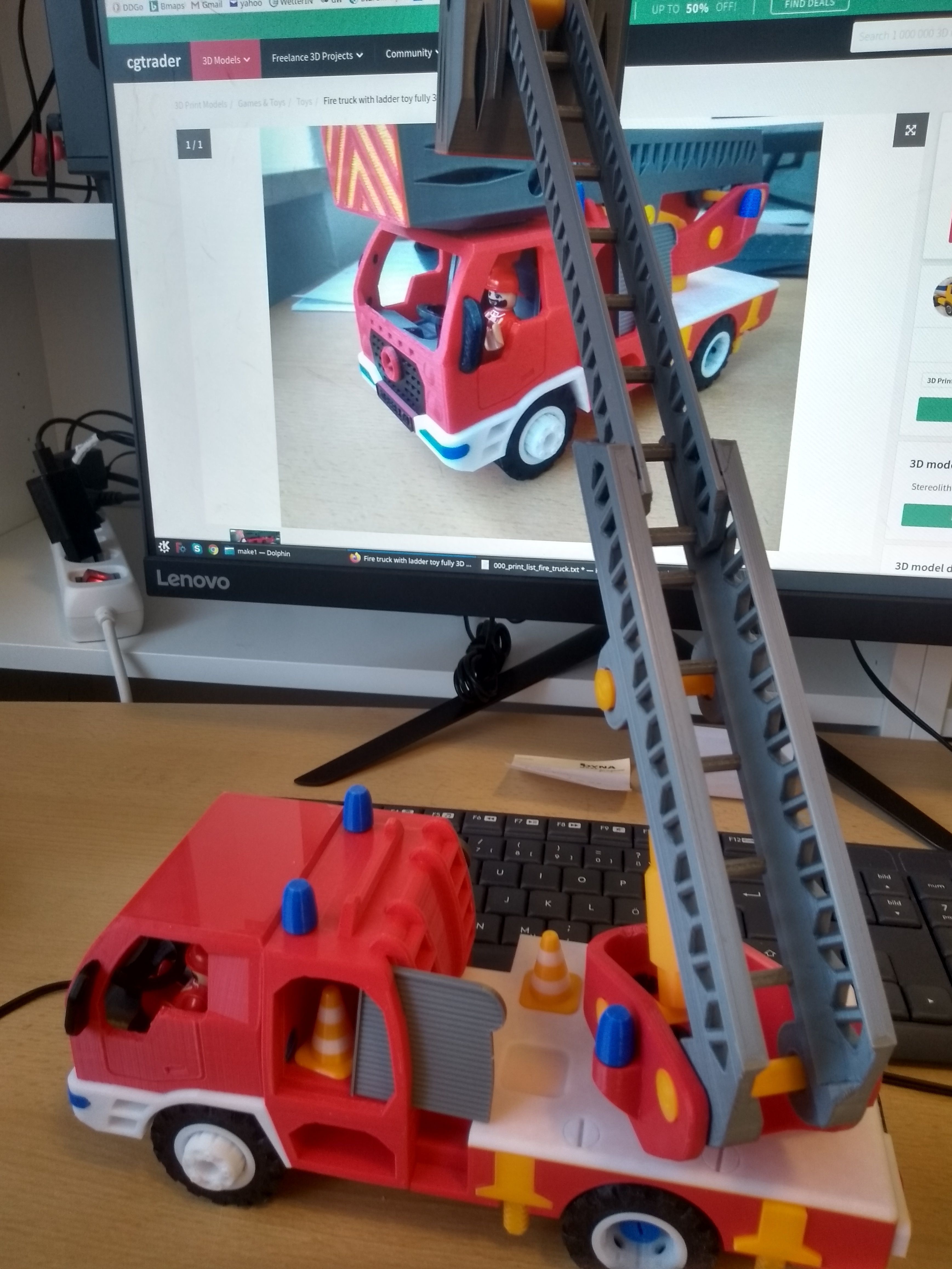 Long fire truck with ladder toy fully 3D printable 3D print model_10