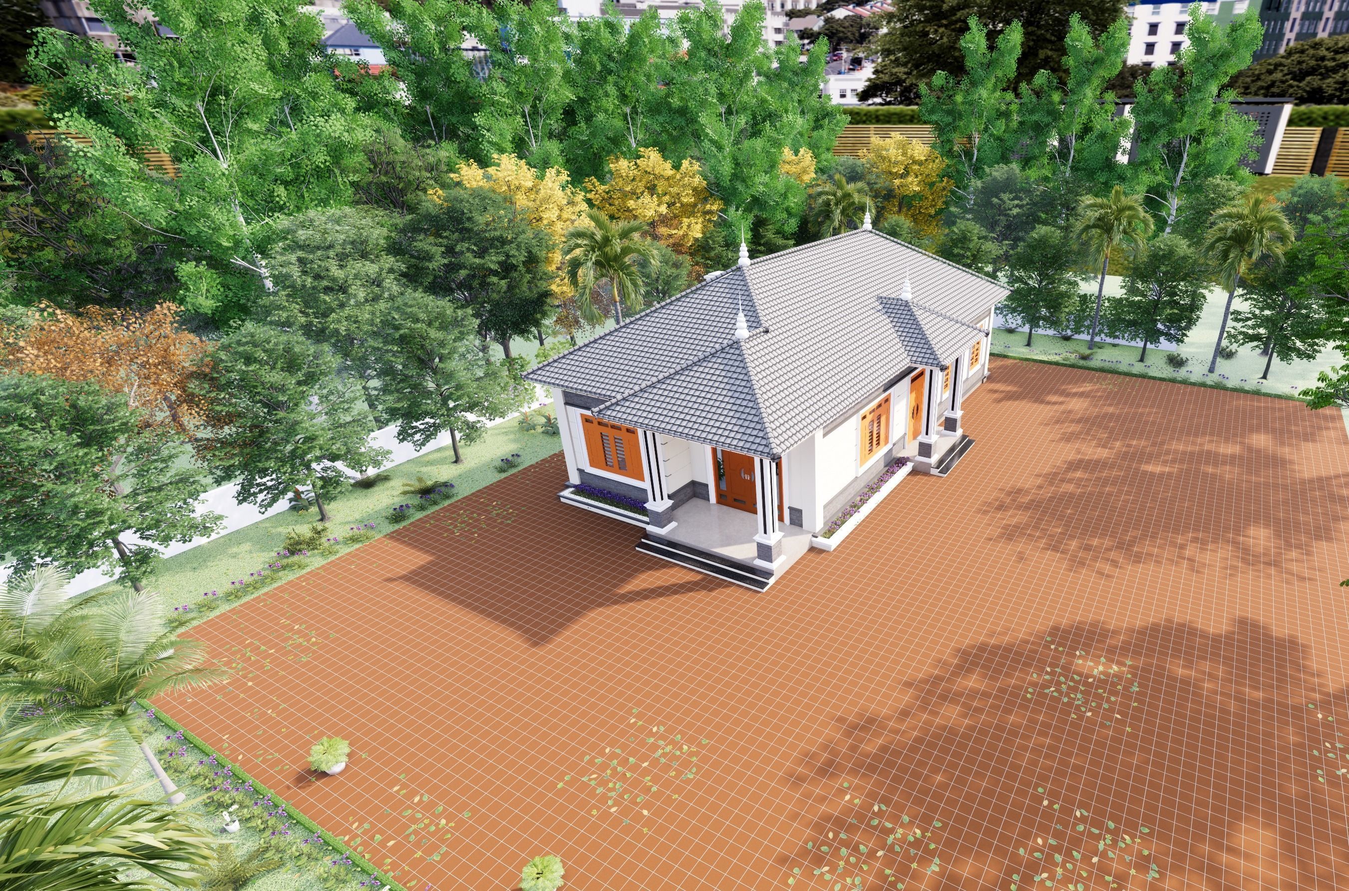 village house on brick patio 3D model_2
