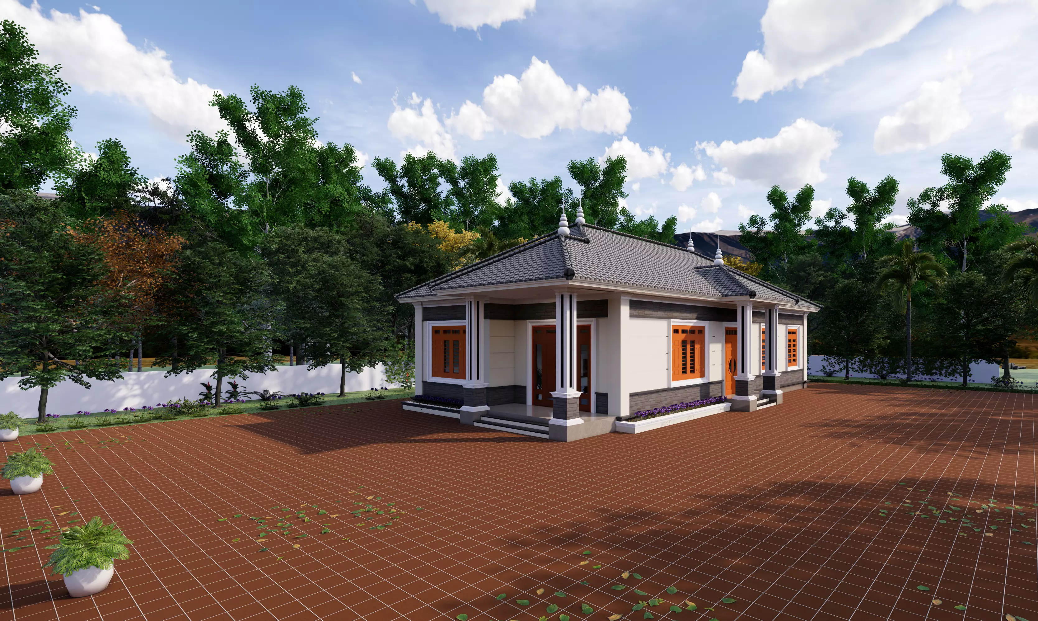 village house on brick patio 3D model_0