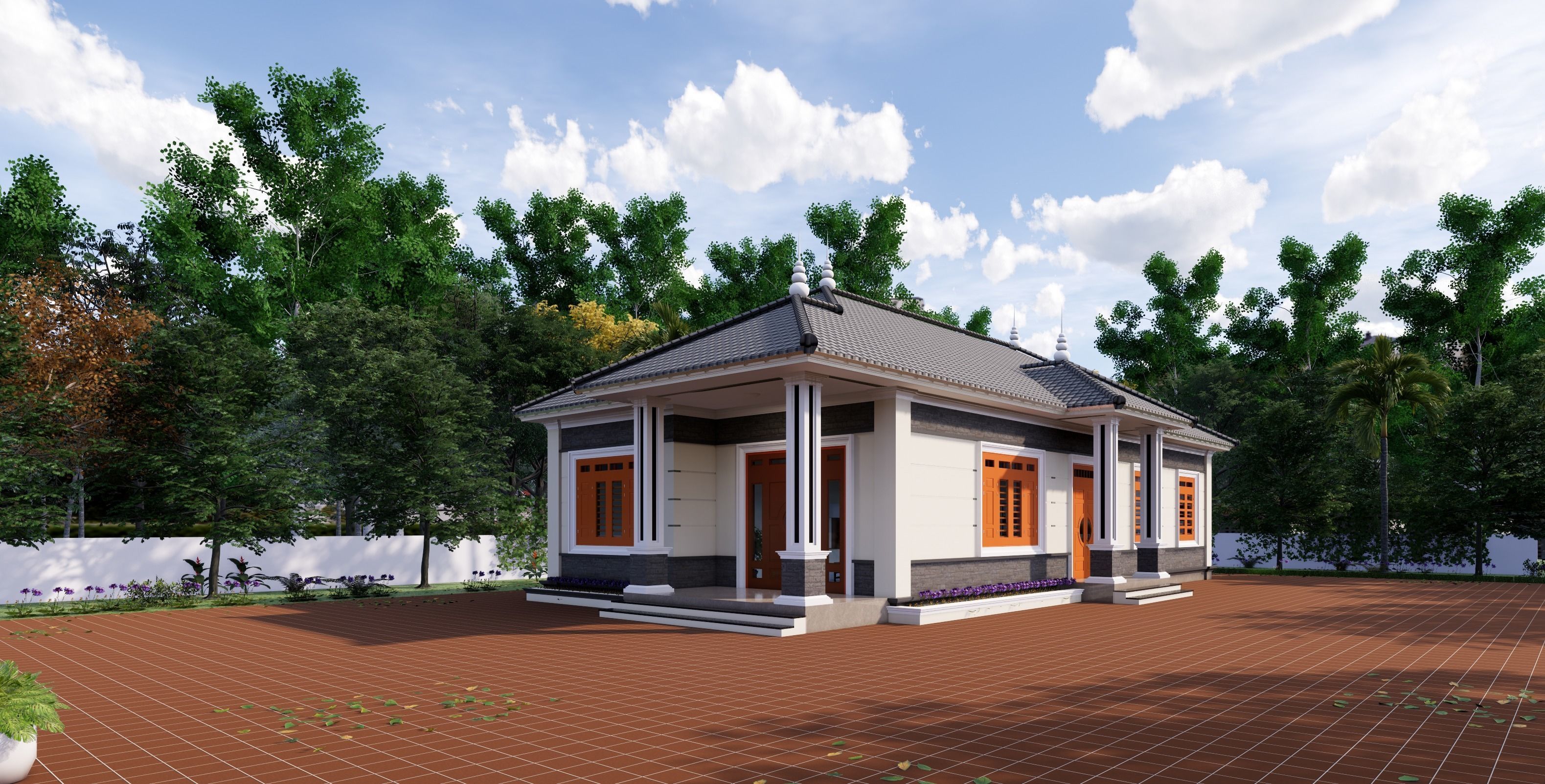 village house on brick patio 3D model_1