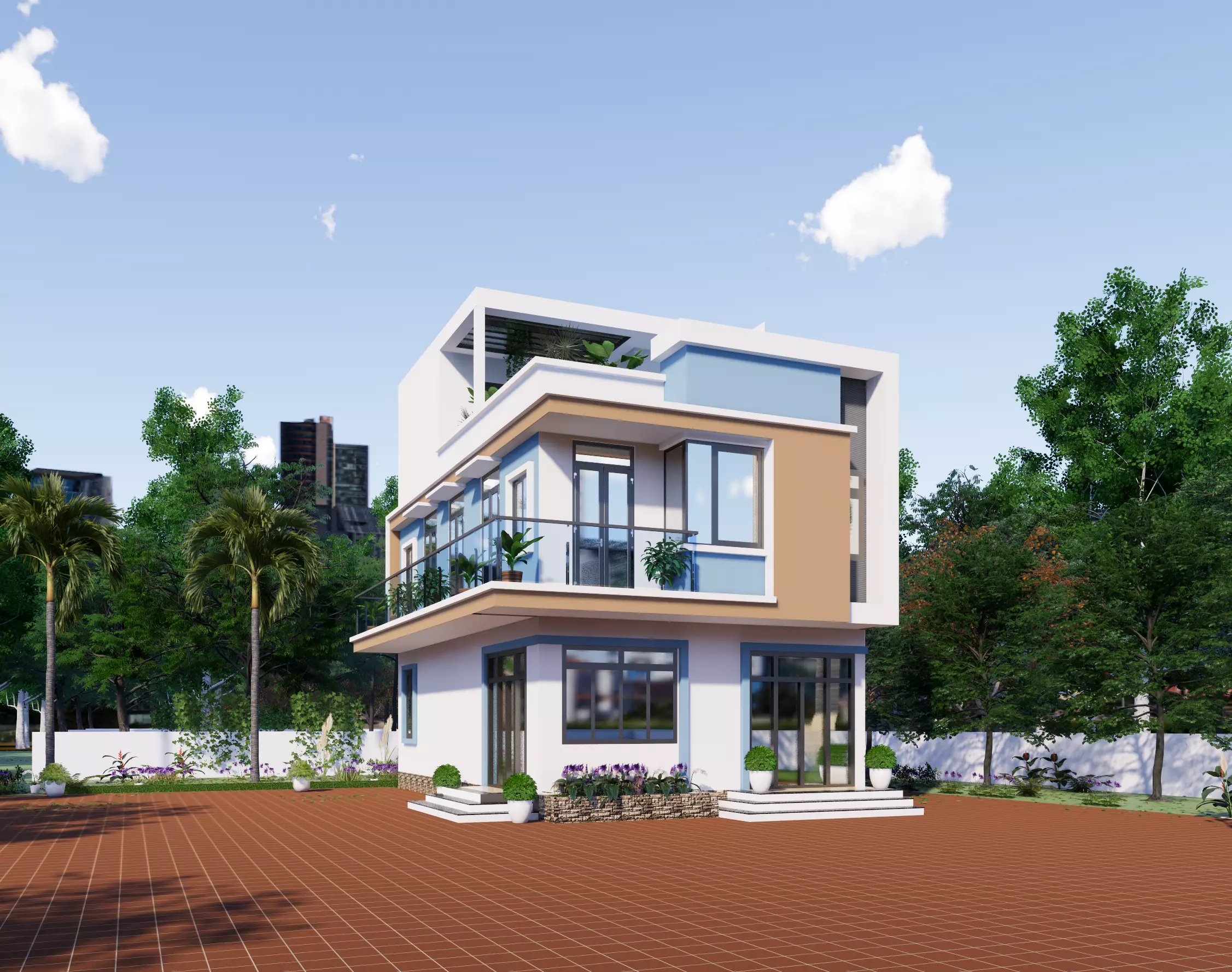building modern house with two stories 3D model_0
