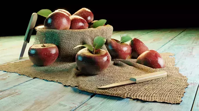 Apple apples in sack on wooden table