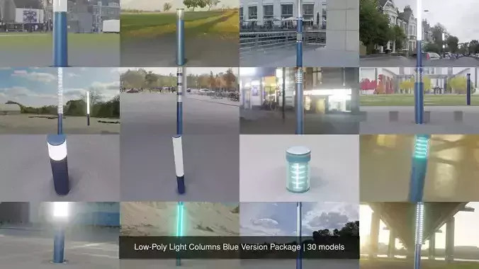 Low-Poly Light Columns Blue Version Package 3D Model Collection