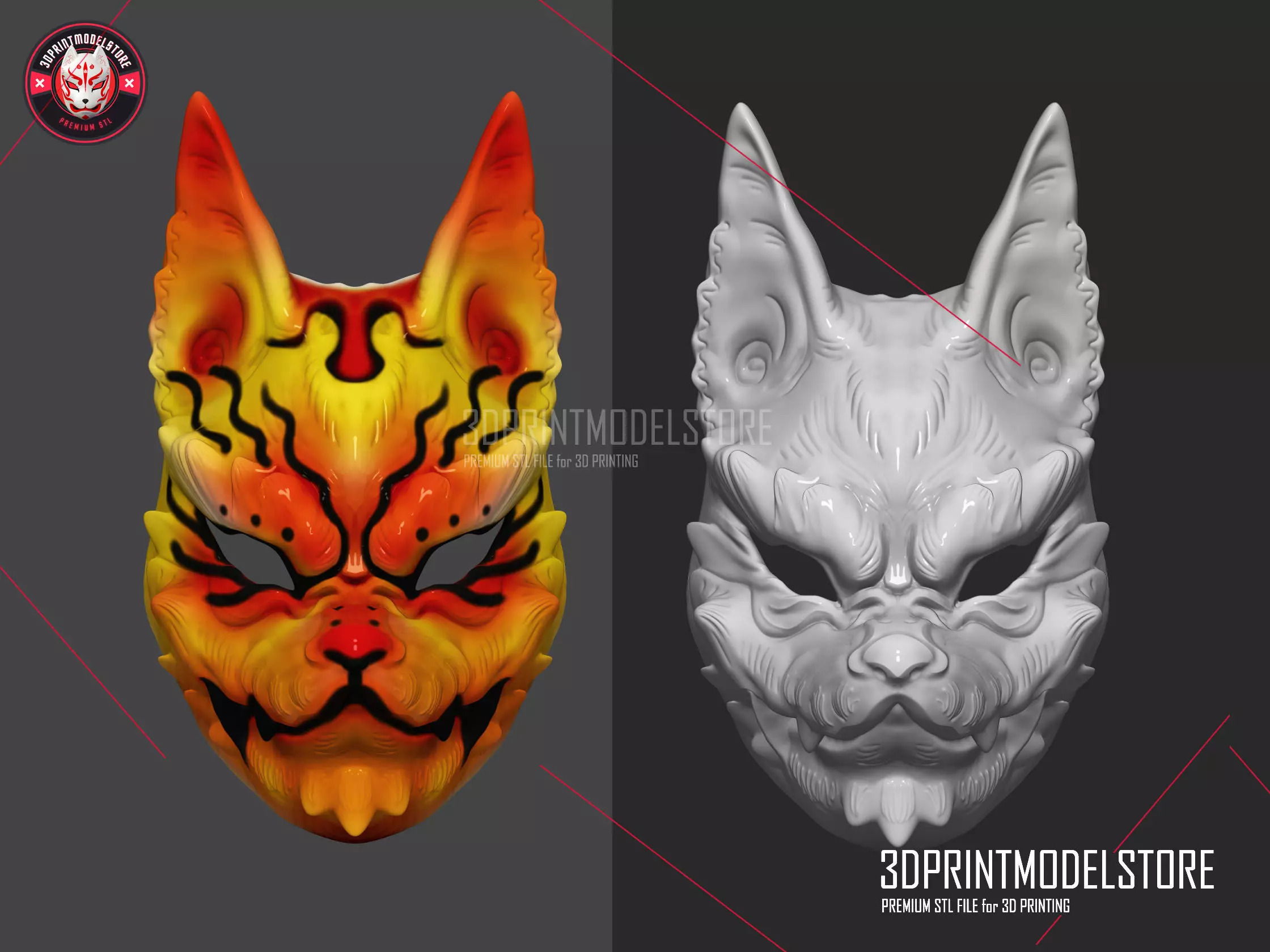 Japanese Kitsune Fox Mask - Tailed Demon  Cosplay Halloween  3D print model_0