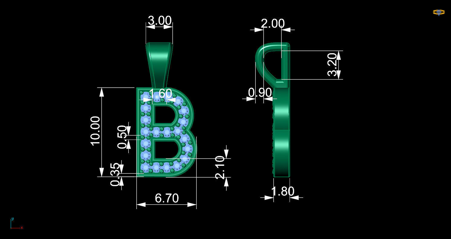 Pendant B letter with diamonds 3D print model_11