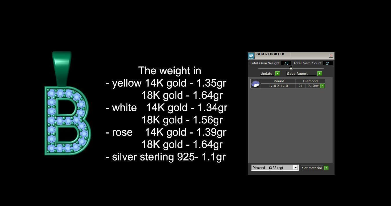 Pendant B letter with diamonds 3D print model_12