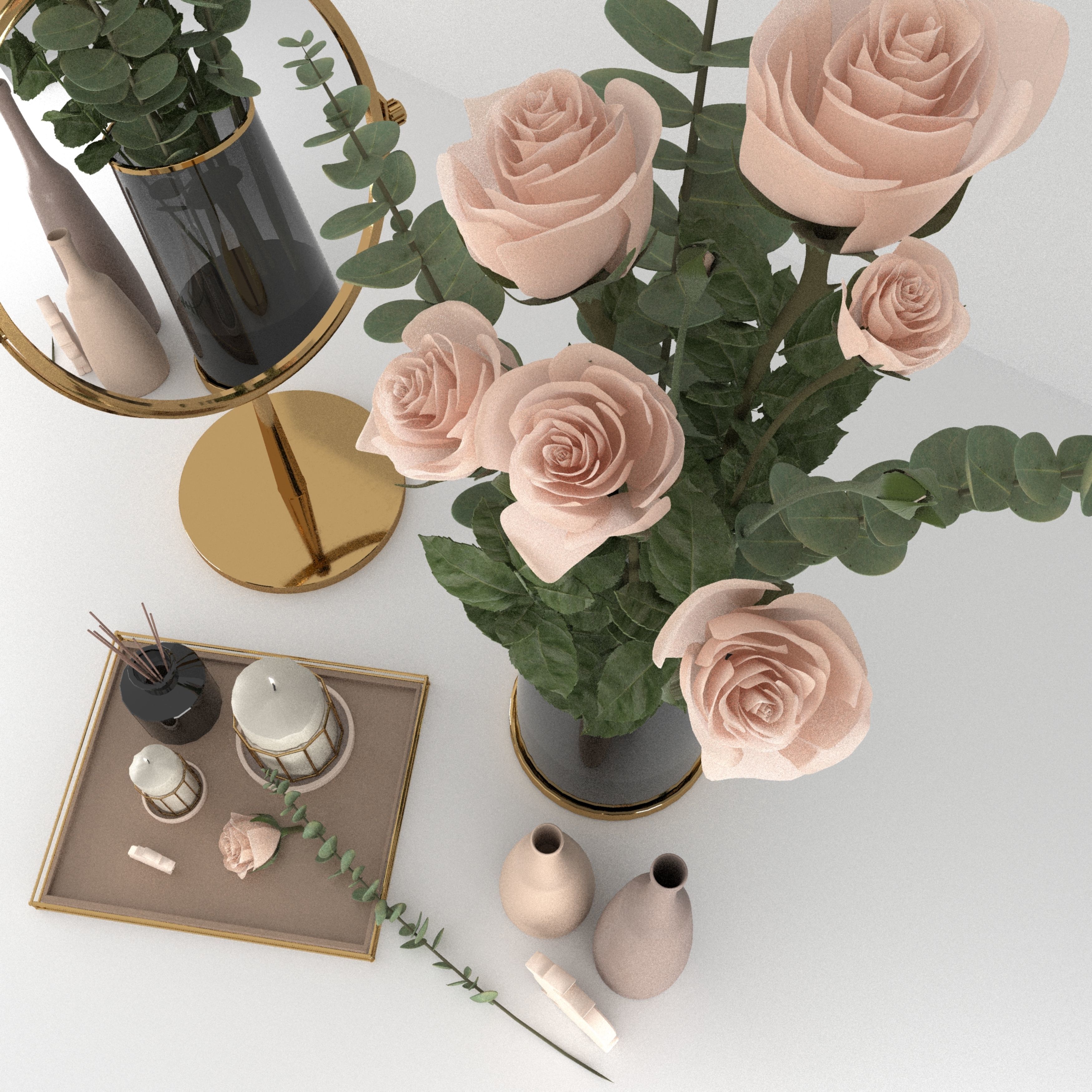 decorset vase with roses and mirror 3D model_4