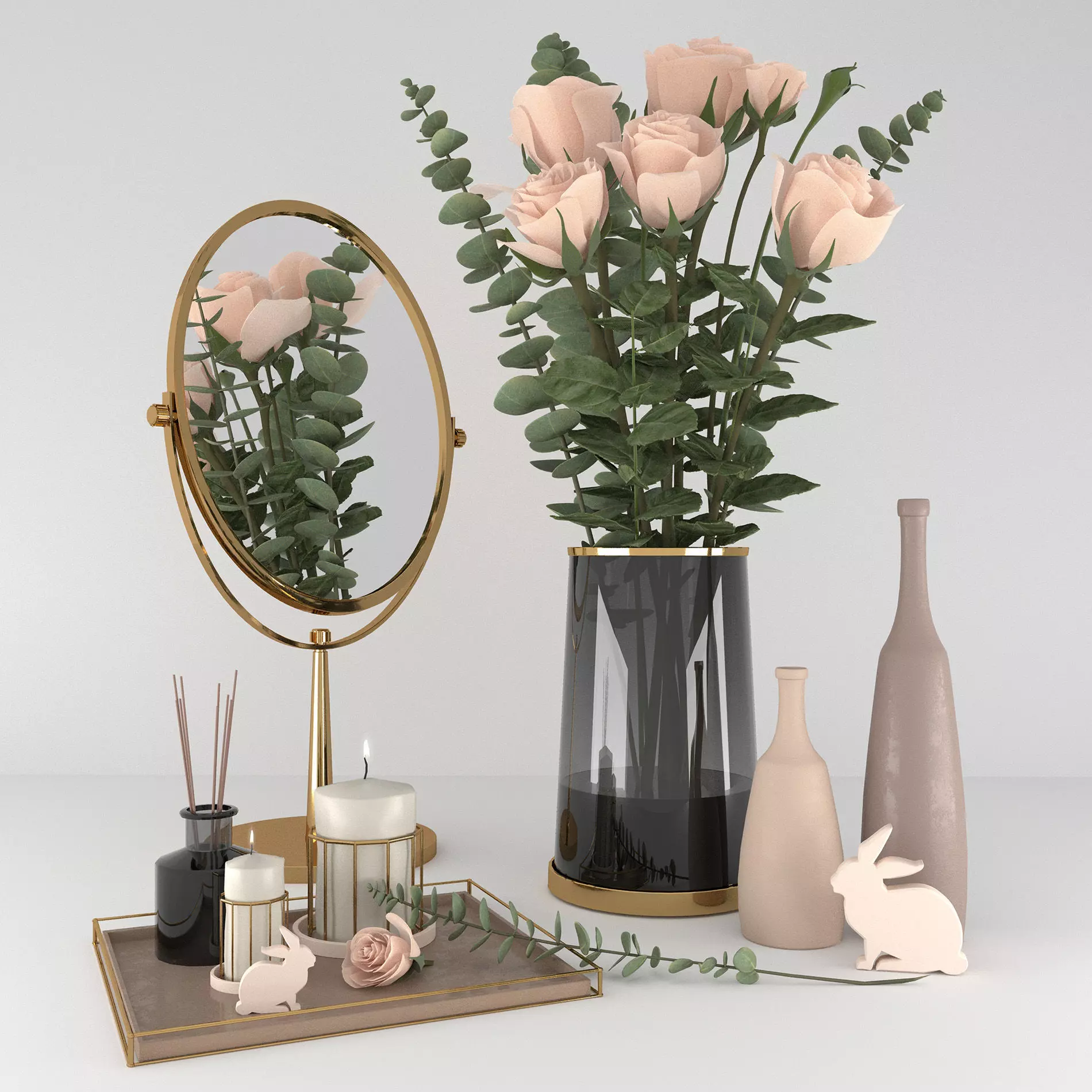 decorset vase with roses and mirror 3D model_0