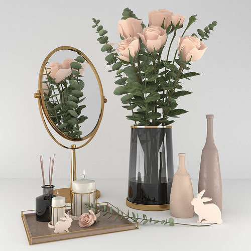 decorset vase with roses and mirror 3D model