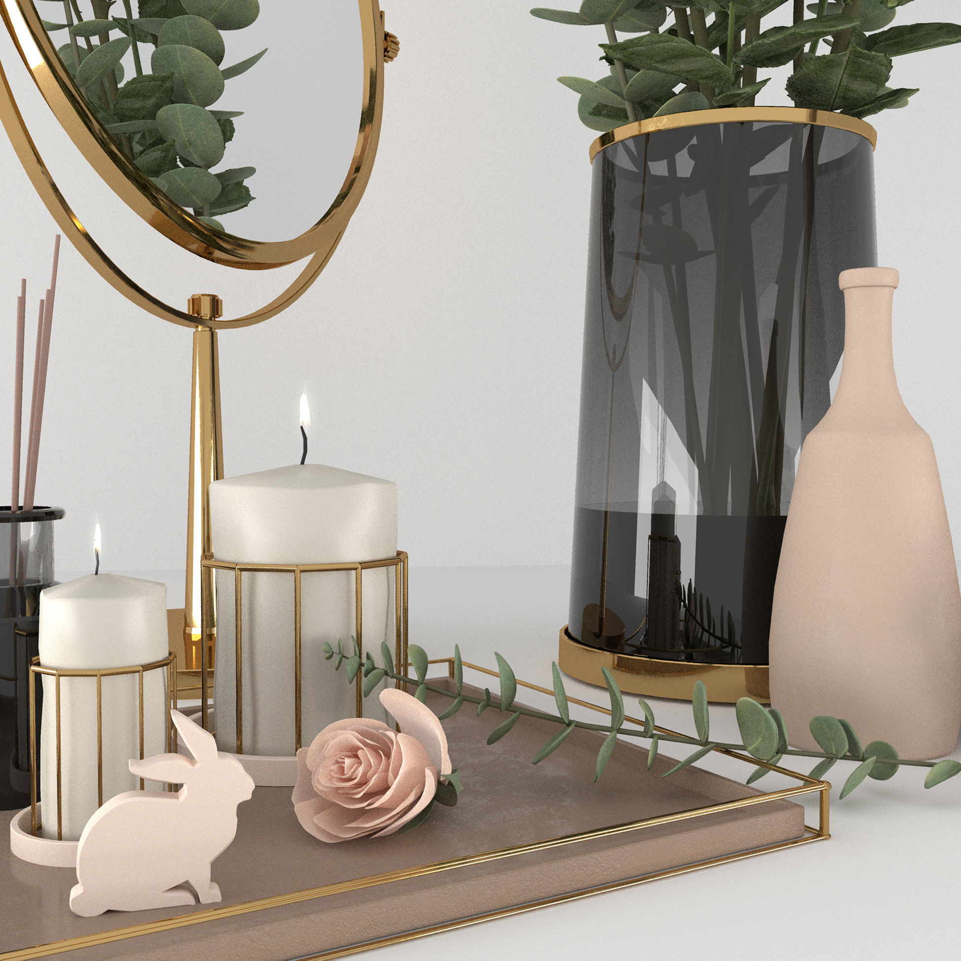 decorset vase with roses and mirror 3D model_2