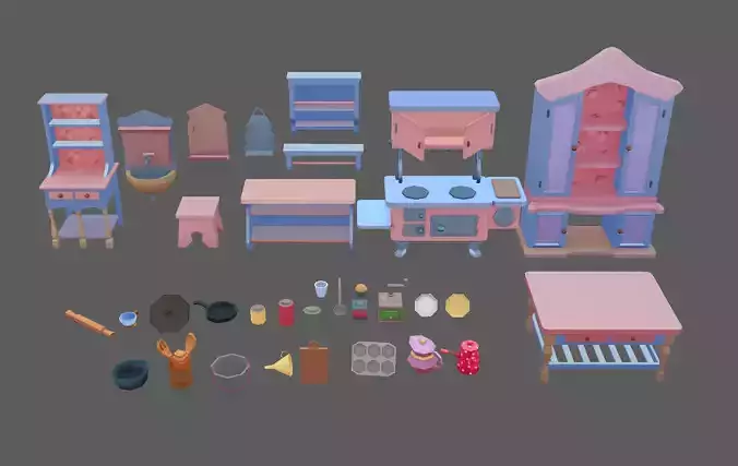 Stylized Cartoon Vintage Kitchen Set