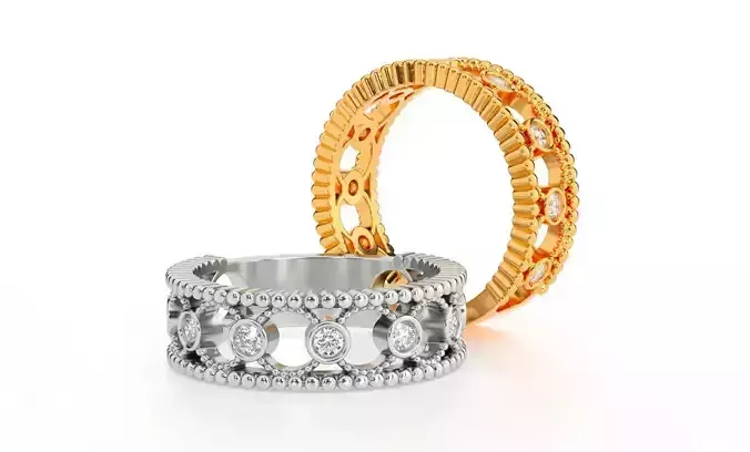 Wide wedding ring with nine diamonds
