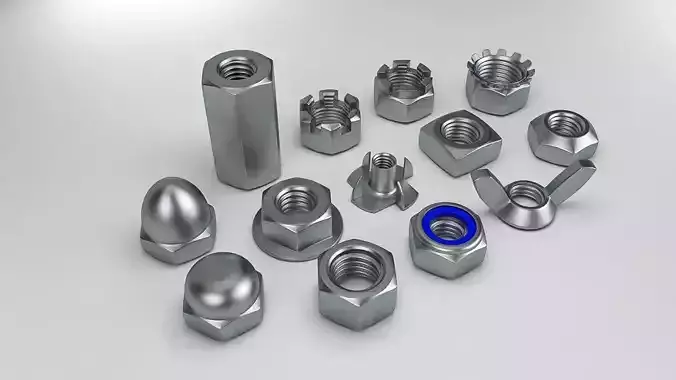 Nuts Collection metal and bolts Low-poly 3D model