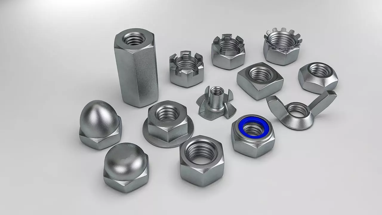 Nuts Collection metal and bolts Low-poly 3D model