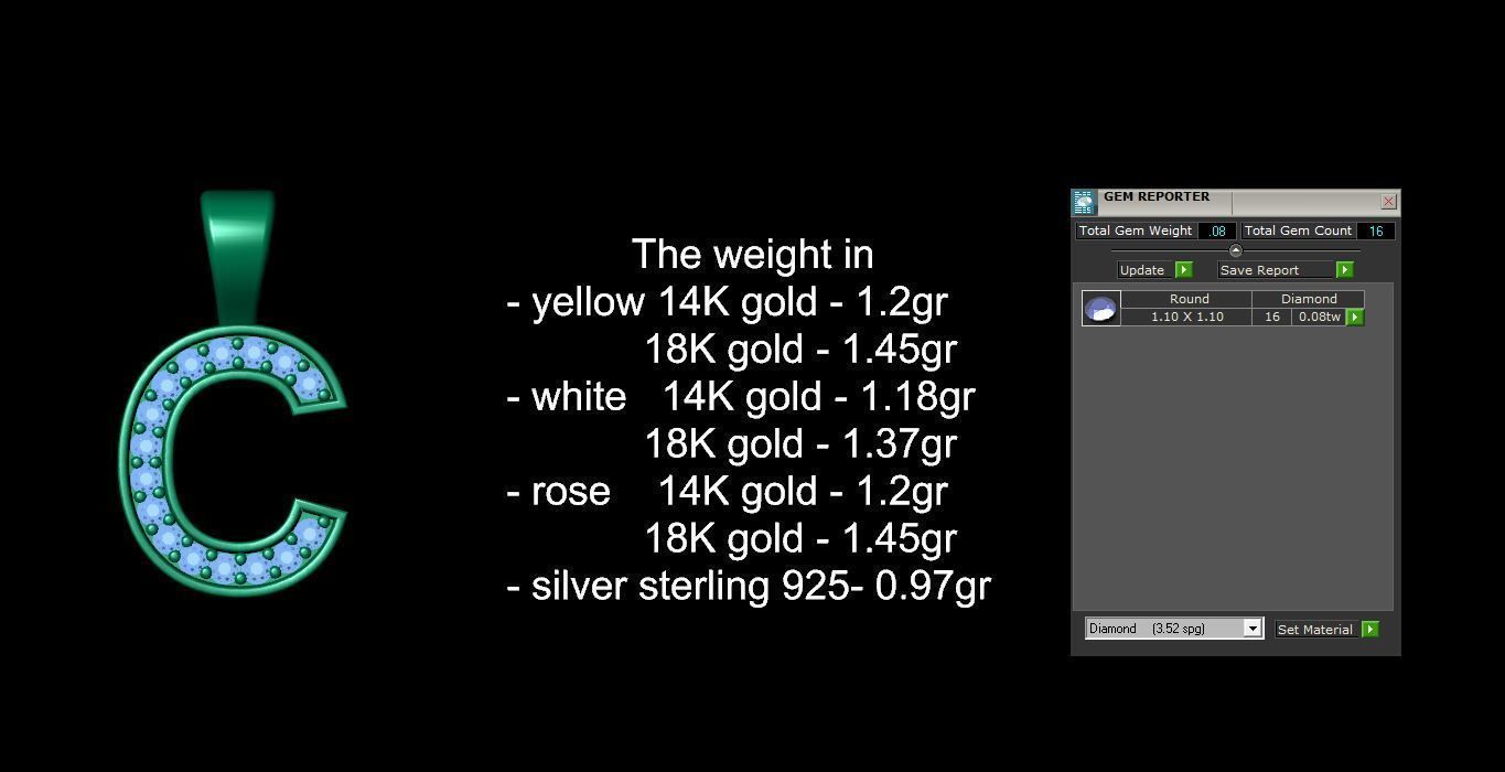 Pendant C letter with diamonds 3D print model_12