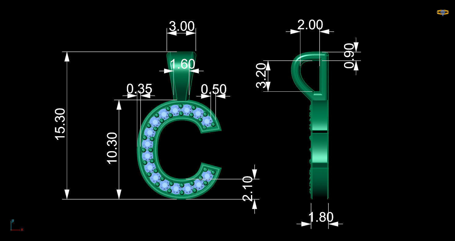 Pendant C letter with diamonds 3D print model_11