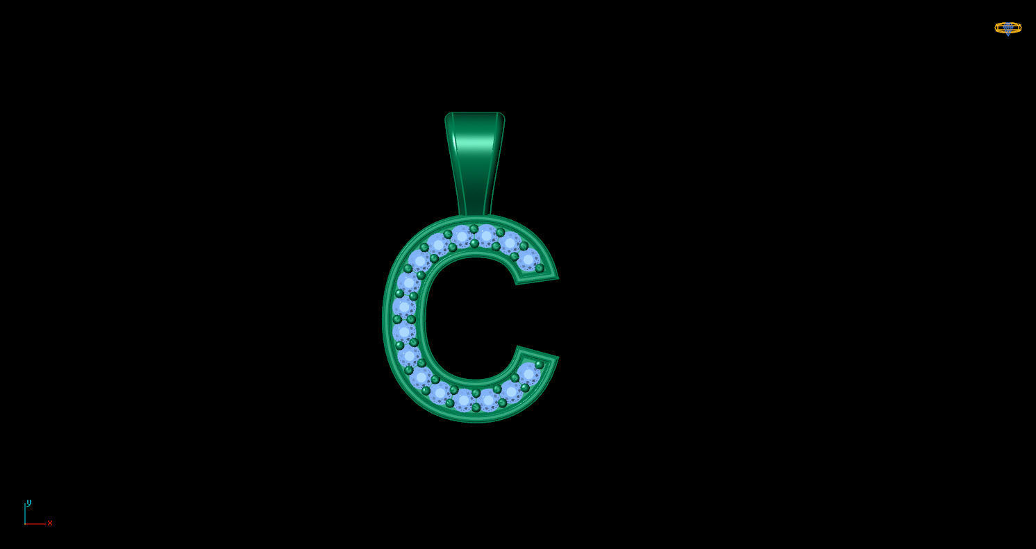 Pendant C letter with diamonds 3D print model_4