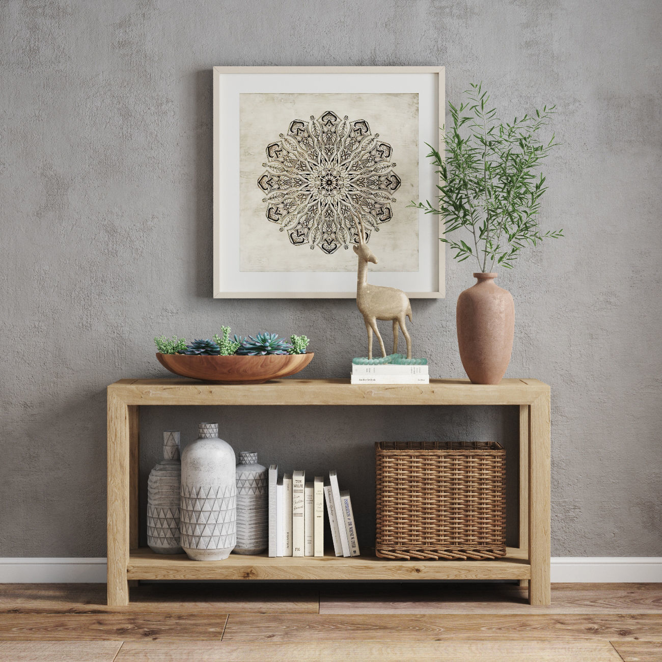 Pottery barn decor set HADLEY HERRINGBONE  WOOD CONSOLE TABLE 3D model_2