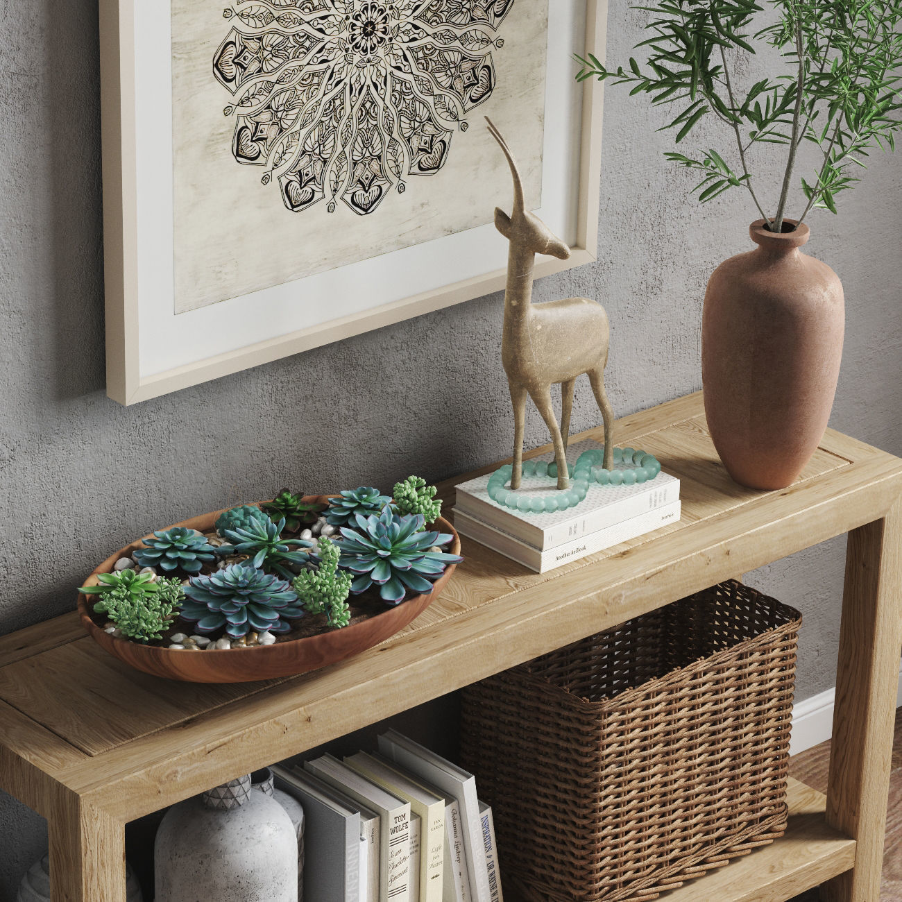 Pottery barn decor set HADLEY HERRINGBONE  WOOD CONSOLE TABLE 3D model_1