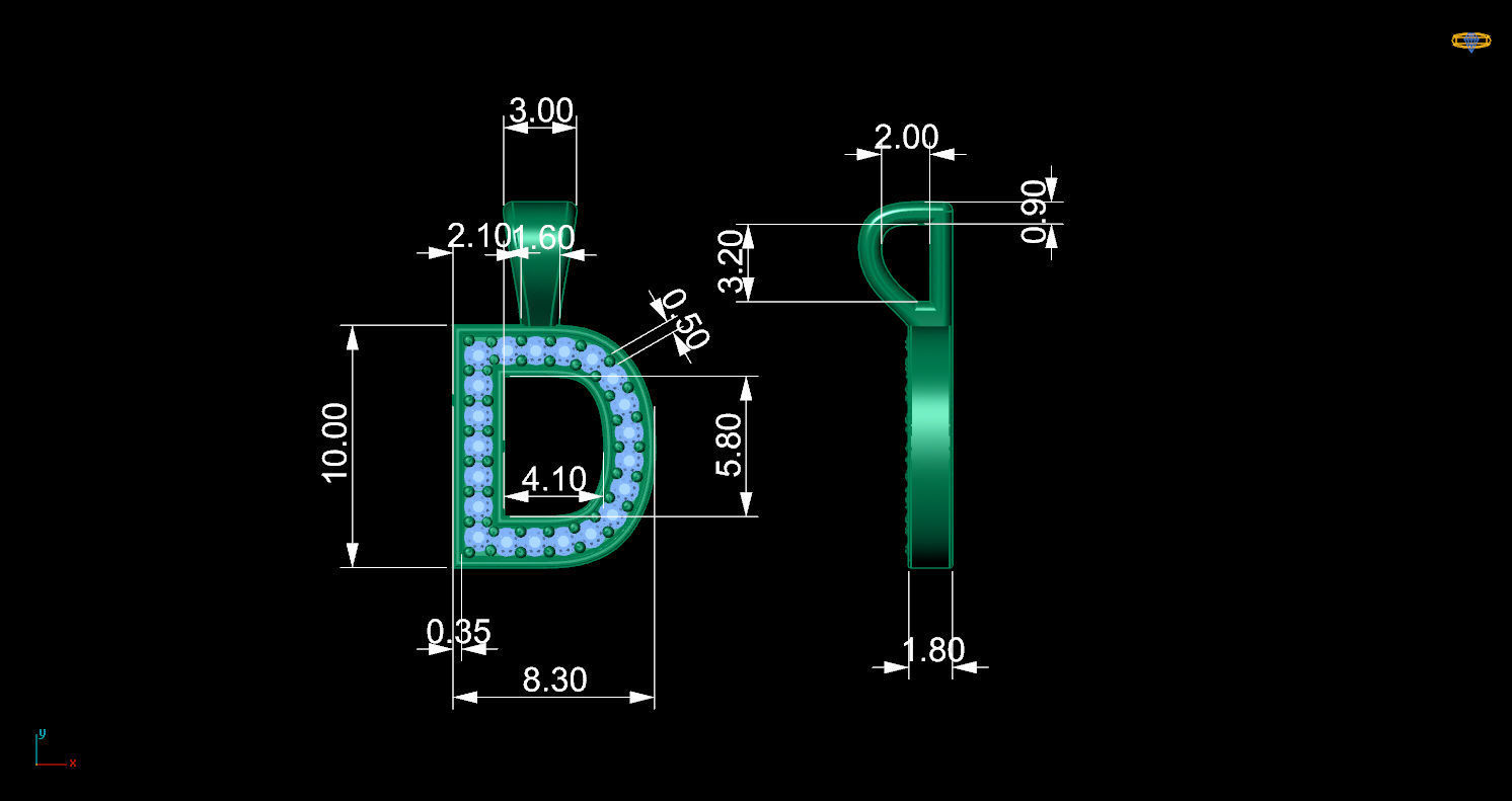 Pendant D letter with diamonds 3D print model_11