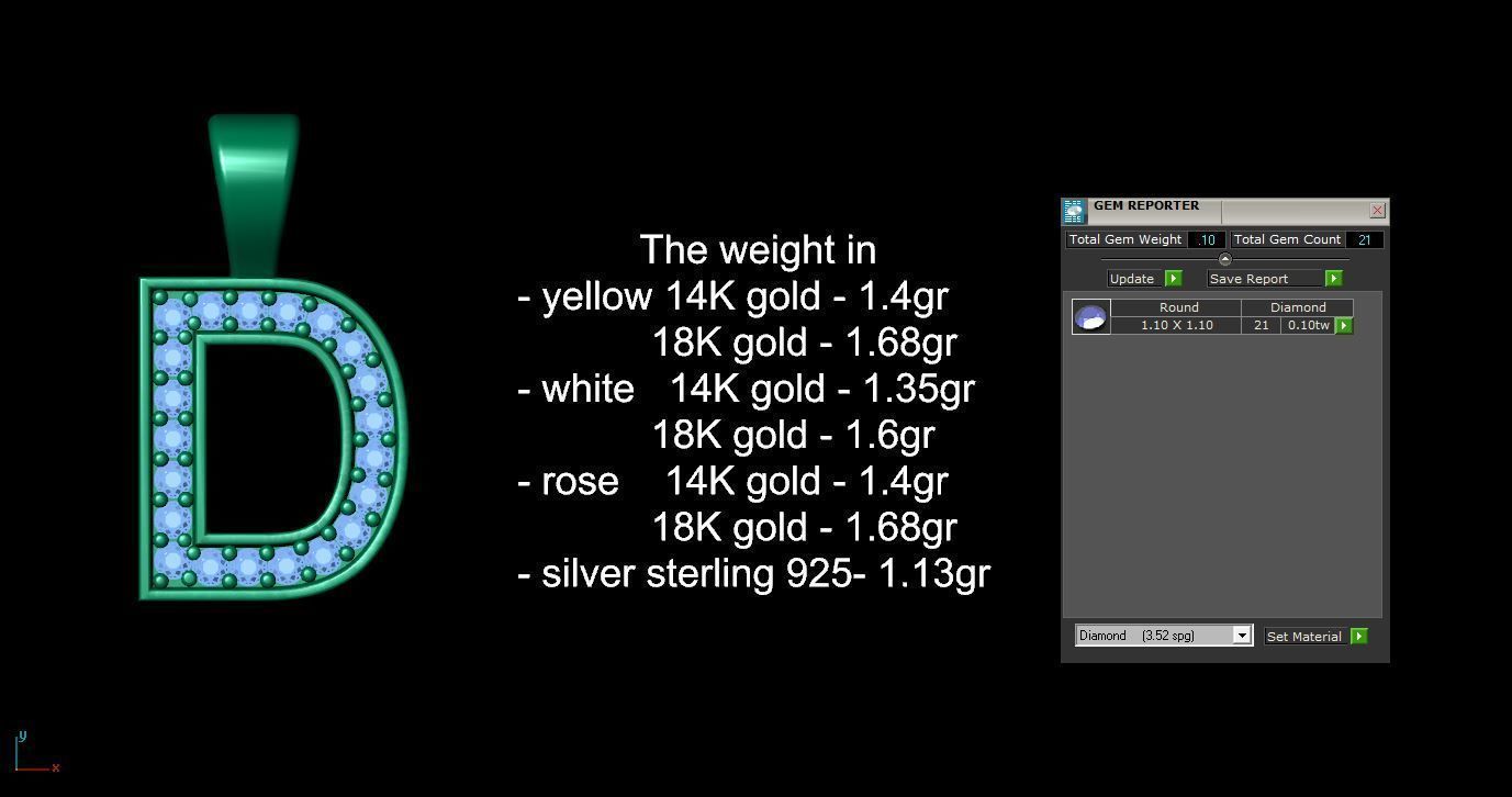 Pendant D letter with diamonds 3D print model_12