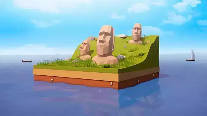 Cartoon Low Poly Easter Island Statues Illustration