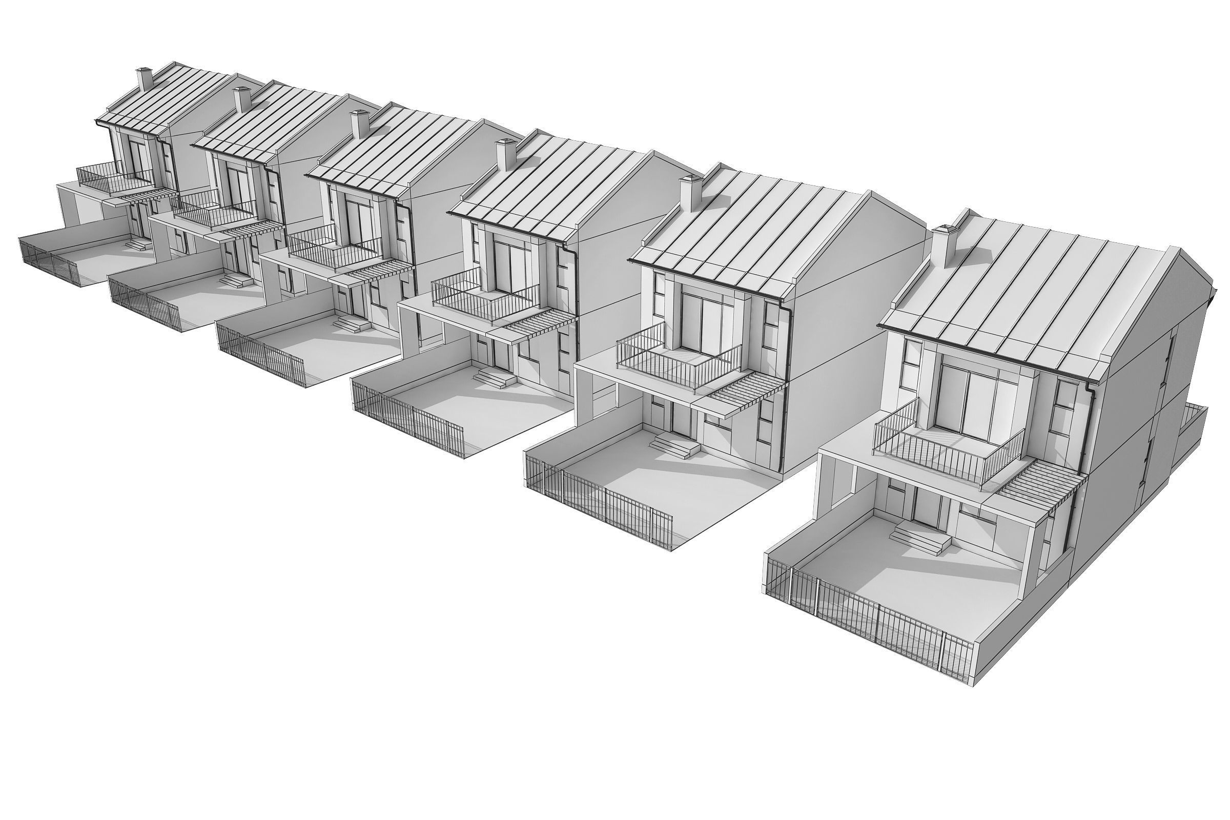 Townhouse houses with balconies and balconies 3D model_4
