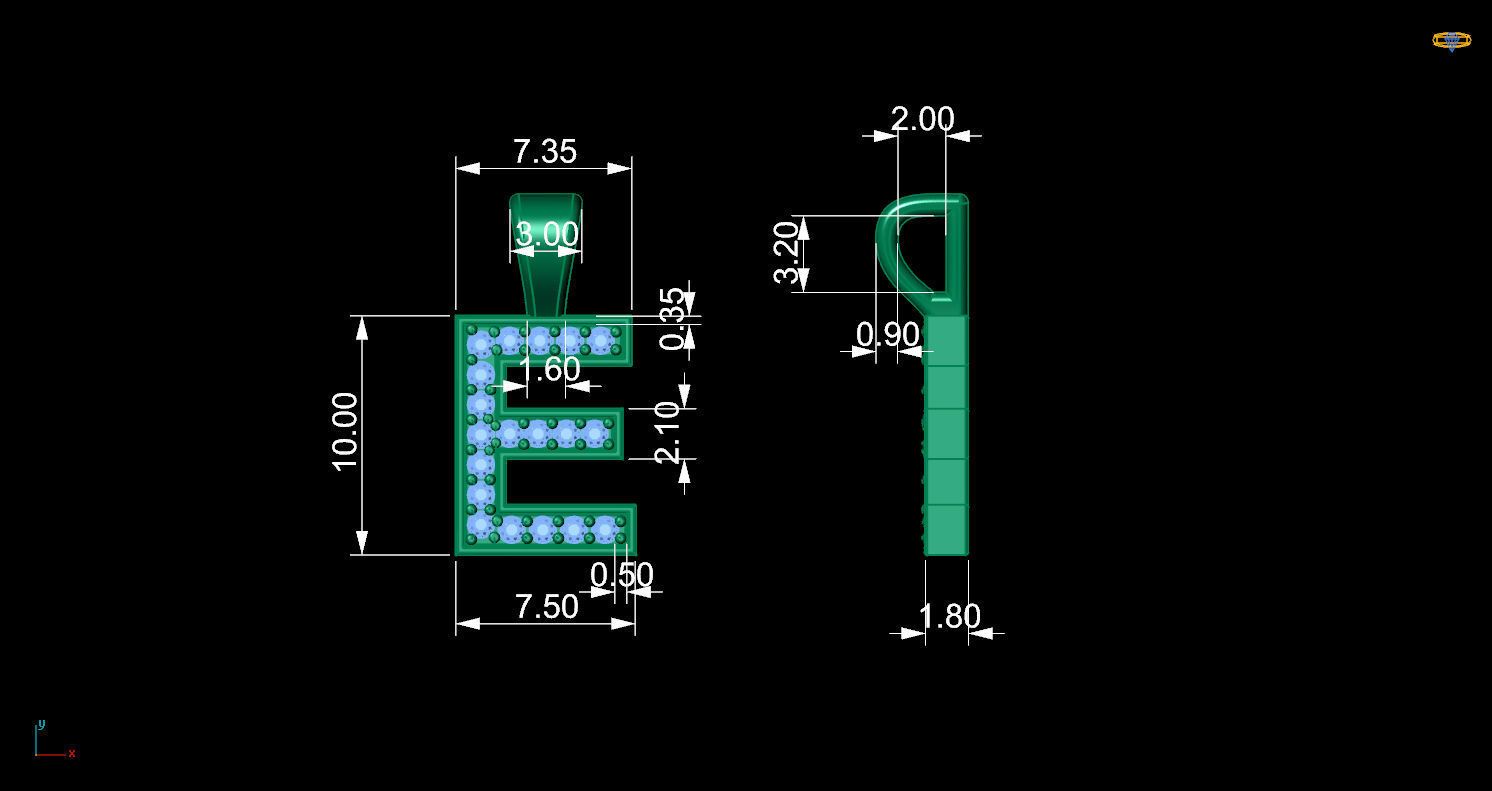 Pendant E letter with diamonds 3D print model_11
