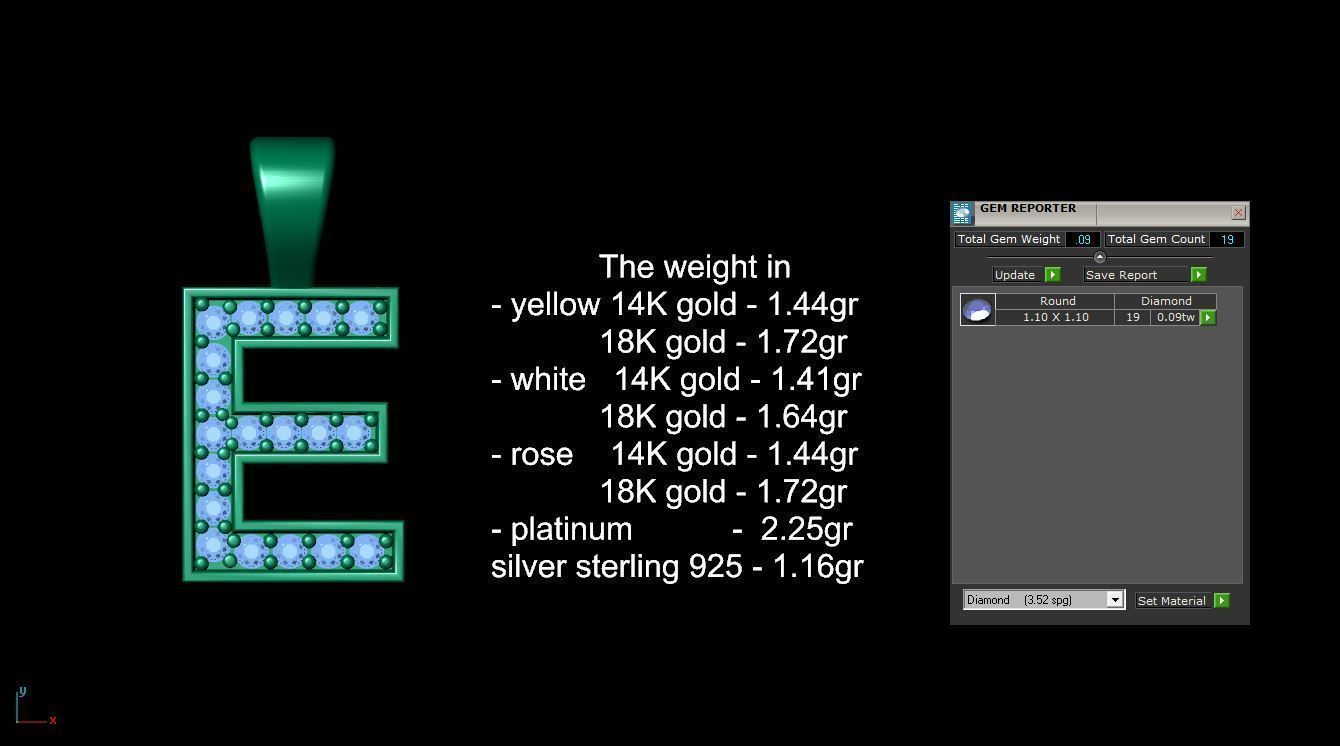 Pendant E letter with diamonds 3D print model_12