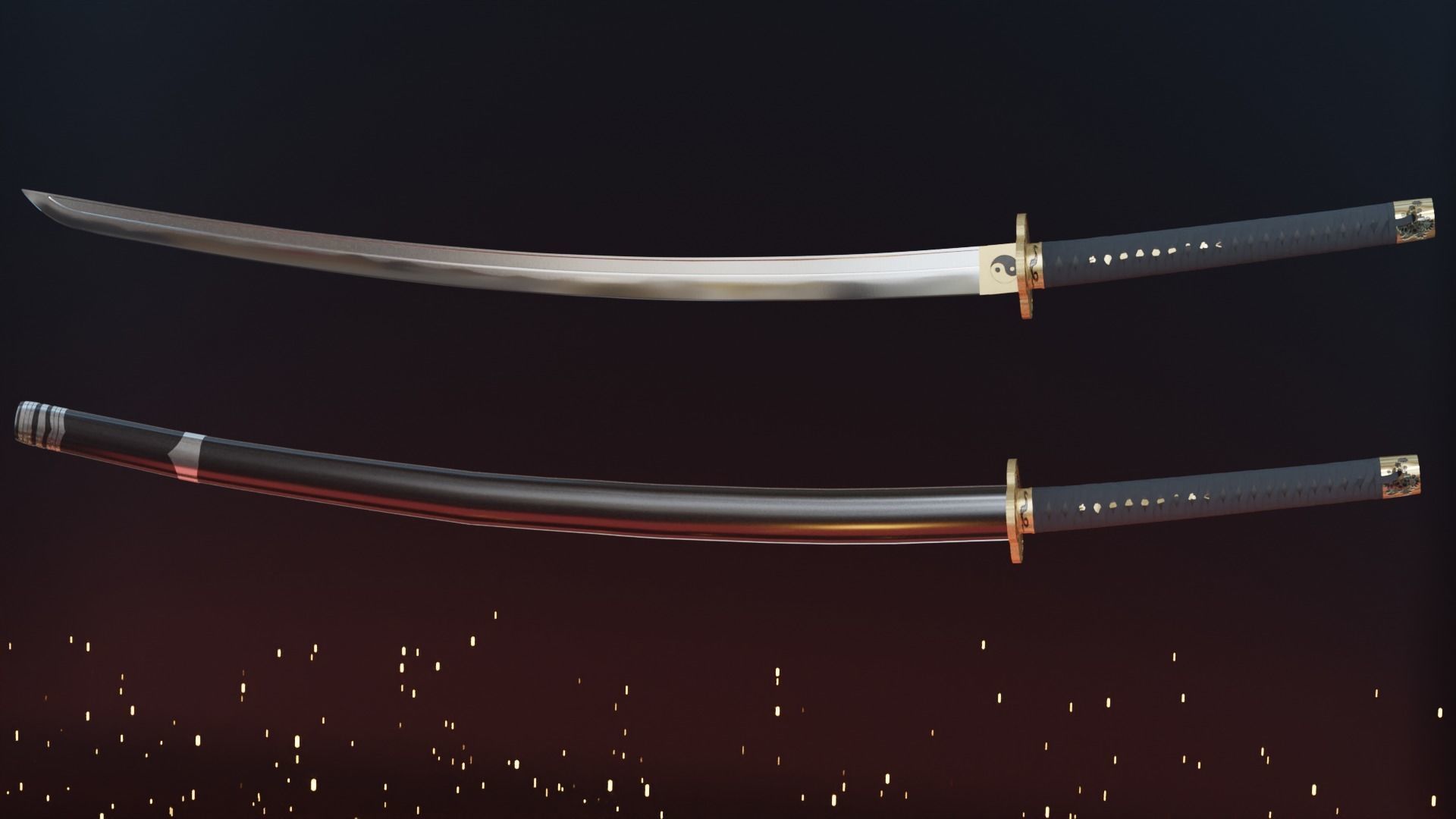Katana swords flying in air - animation Low-poly 3D model_1