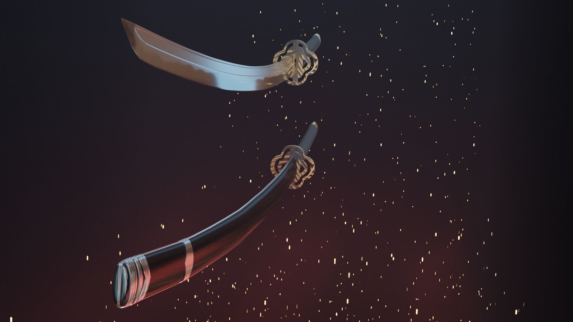 Katana swords flying in air - animation Low-poly 3D model_2