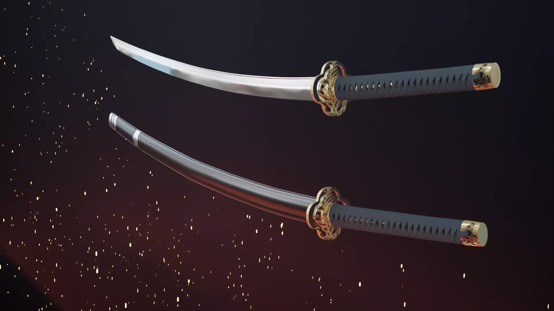Katana swords flying in air - animation Low-poly 3D model_0
