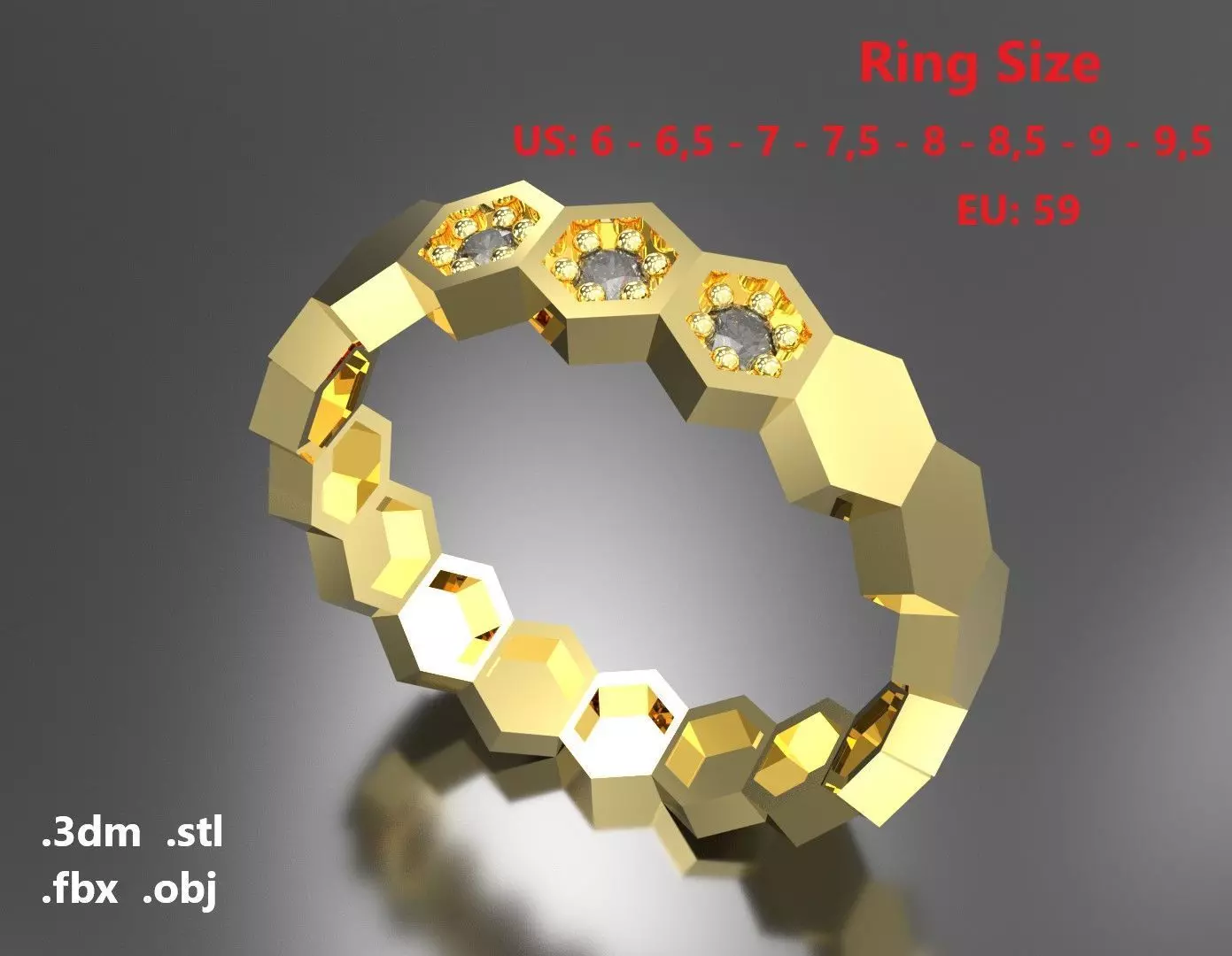 Model 46 Hexagon Facet 3 Diamond Ring US 3D print model_0